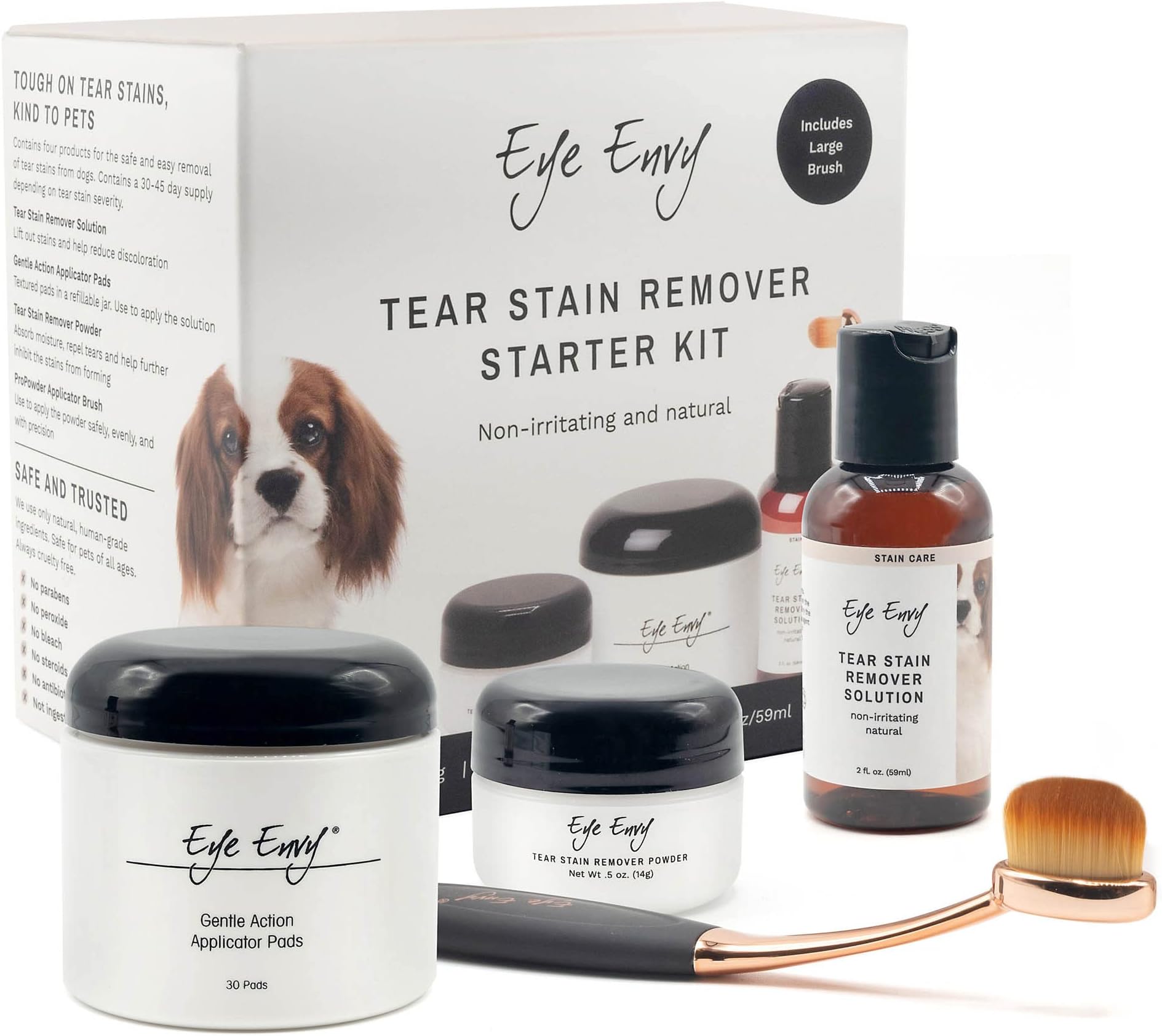 Eye Envy Dog Tear Stain Remover Starter Kit with ProPowder Brush | Stain Solution, Applicator Pads, Stain Powder and Large Applicator Brush | Lasts 30-45 Days