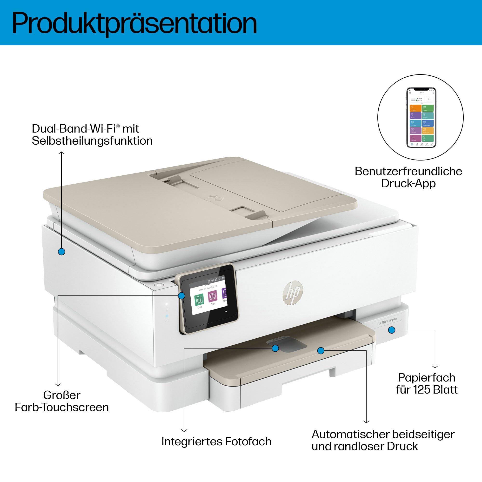 HP Envy Inspire 7920e Multifunktionsdrucker, Tintenstrahldrucker, 6 Monate gratis drucken Instant Ink inklusive, Drucken, Scannen, Kopieren, Fotodruck, ADF, DIN A4, WLAN, Airprint