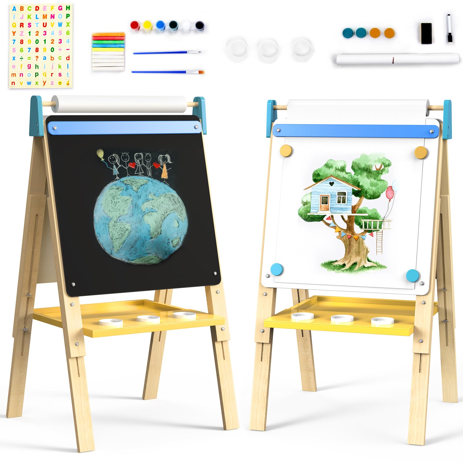 art easel for kids 12 in 1 with chalkboard & magnetic whiteboard - height adjustable, frameless design, includes paints, brushes, markers, chalk, eraser, magnetic letters, paper roll, and storage tray