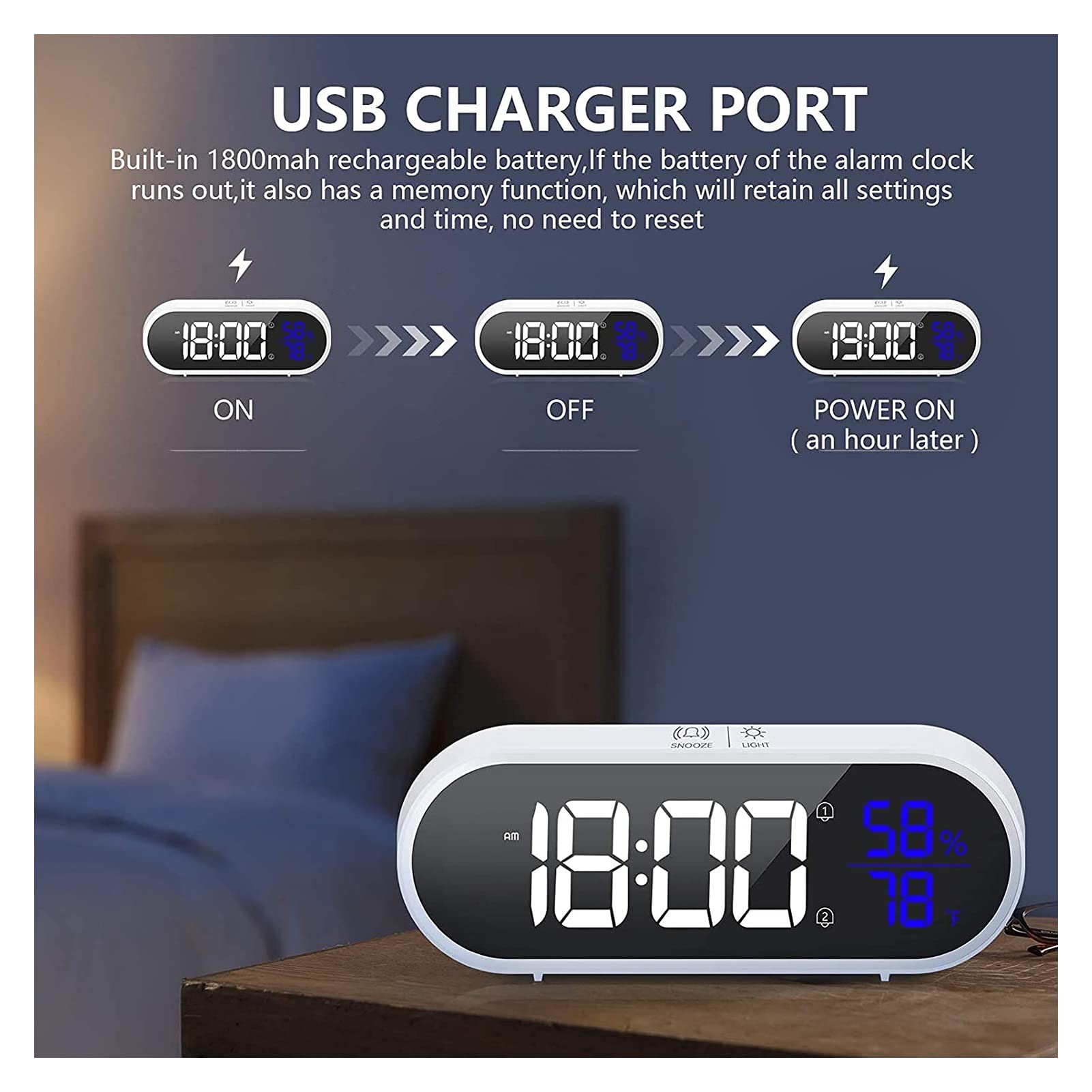 WTL Budzik cyfrowy budzik oprócz zasilania sieciowego, budzik LED z dużym wyświetlaczem temperatury, podwójne budziki z portem ładowania USB, 40 alarmów muzycznych 5 jasności, ściemniacz, zegary drzemkowe dla