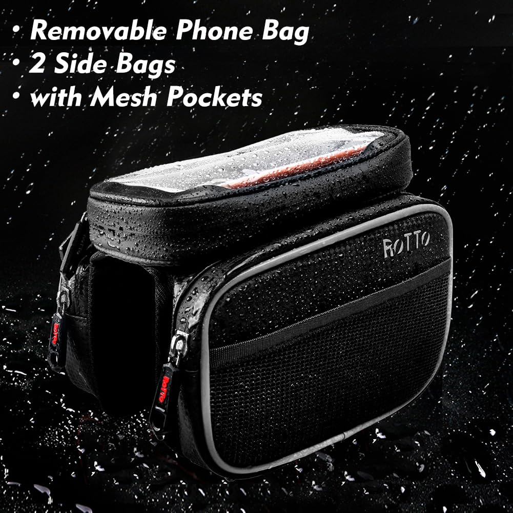 ROTTO Bike Frame Bag with 2 Side Storage Pockets Bicycle Top Tube Phone Bag with Sensitive Touch Screen, Black - Image 2