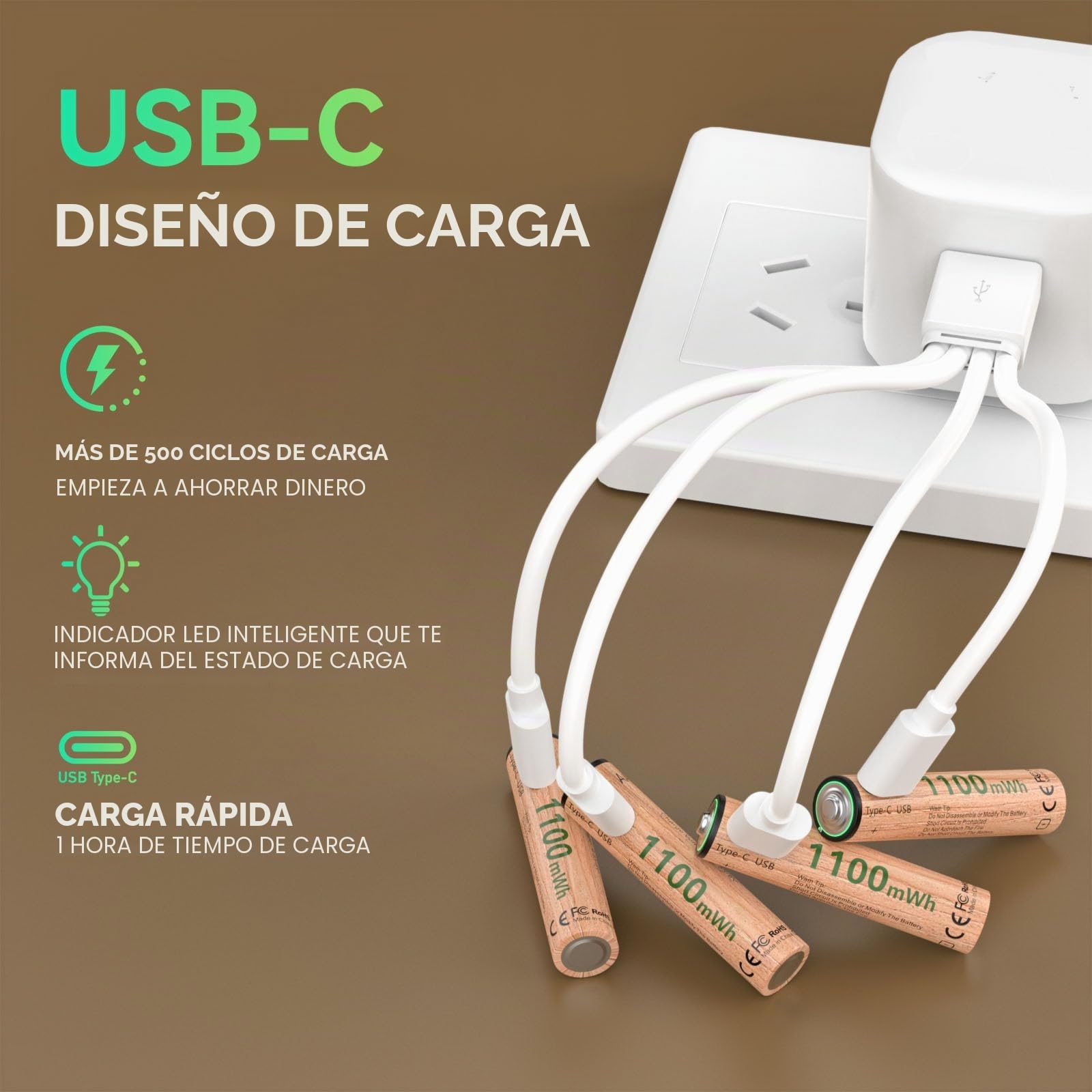 Paquete de 8 Pilas AAA de Litio Recargables, 1100 mWh, 1,5 V de Voltaje Constante, con Cable de Carga USB C de 1 a 4 (5V/2A) para mandos a Distancia, termómetro, básculas