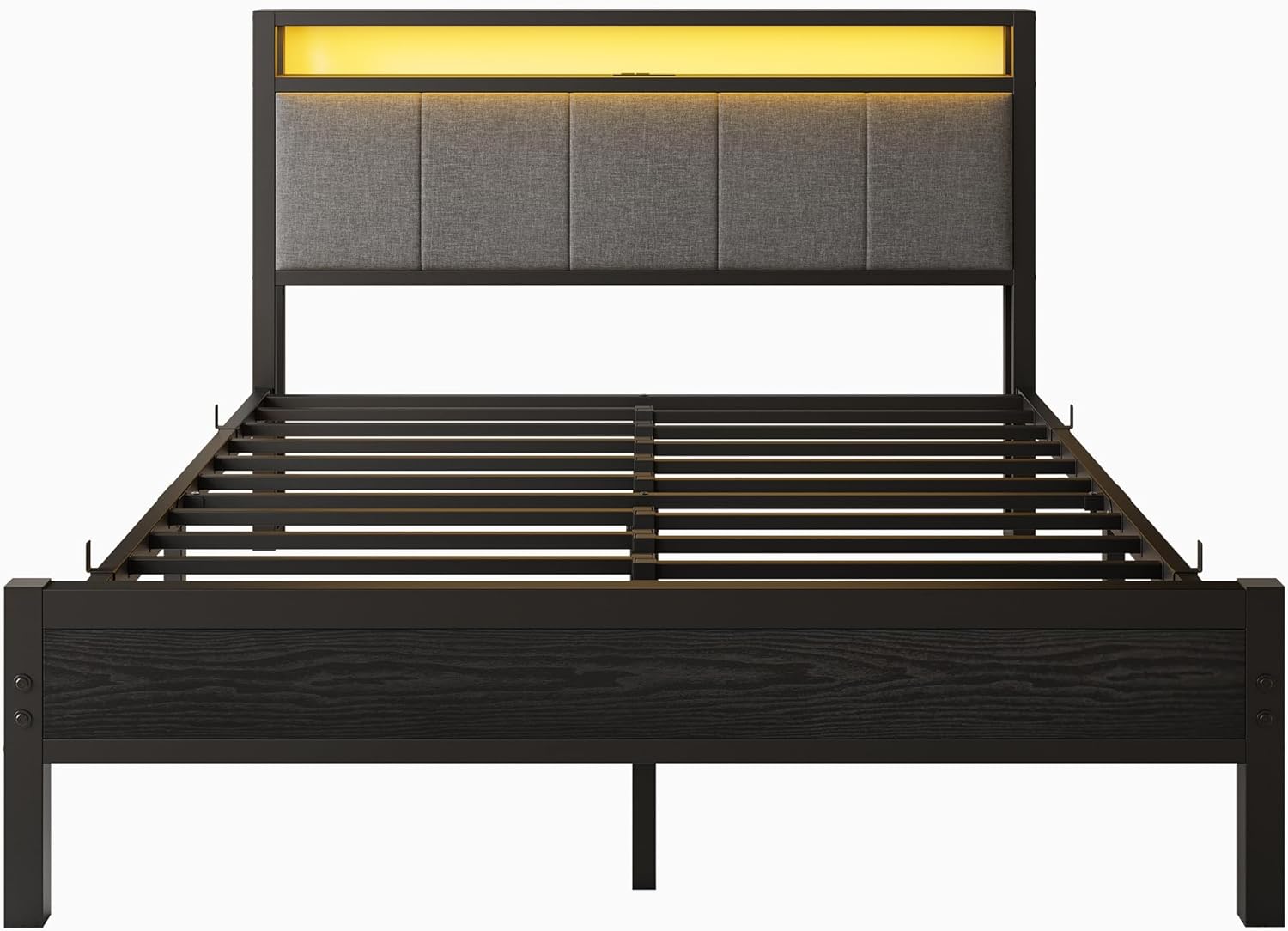 Queen Size Bed Frame with LED Lights and Charging Station, Heavy Duty Metal Bed with Fabric Storage Headboard,Solid and Stable, Metal Slats Support,Mattress Foundation (Black) - Image 8