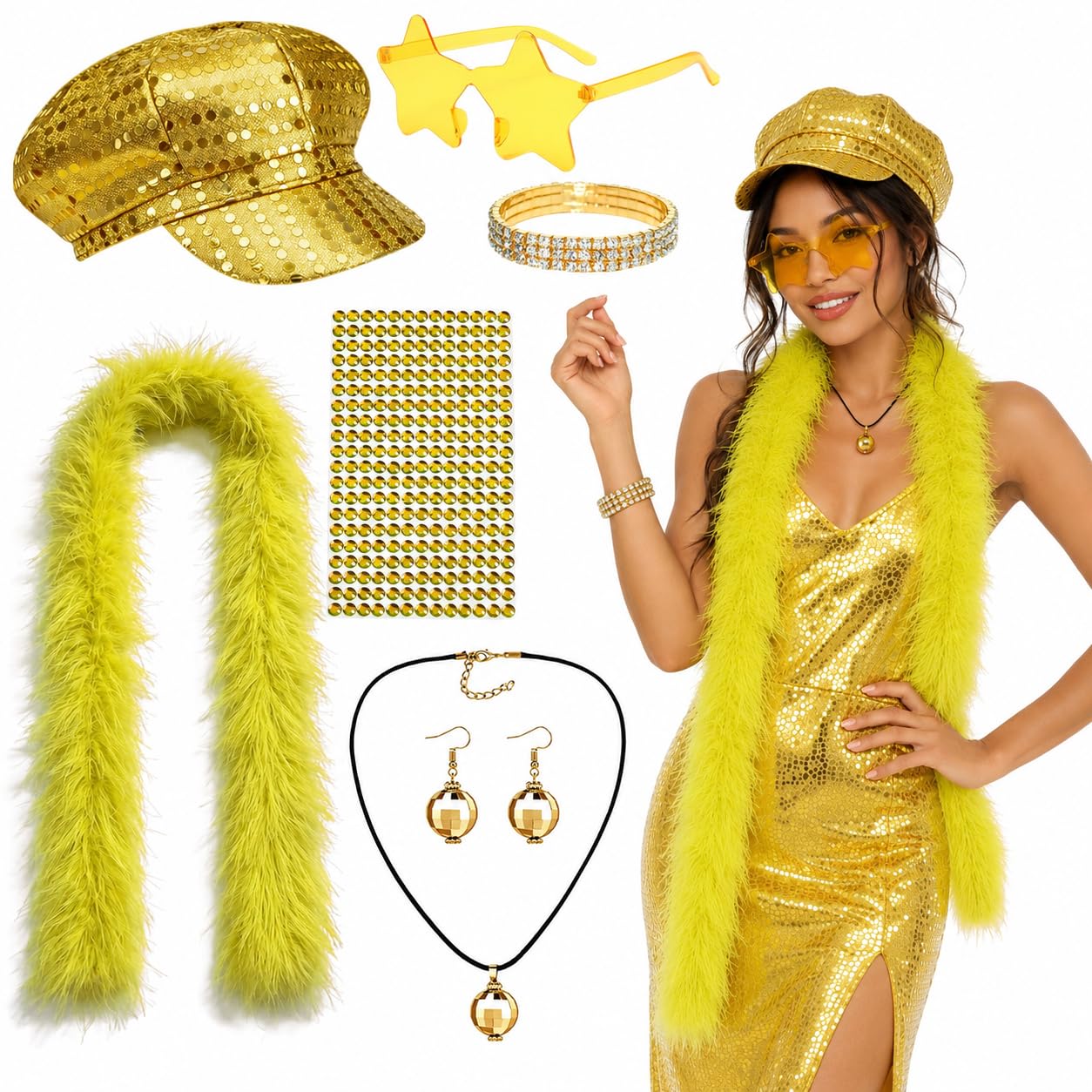 Atomvia 8Pcs 70s Yellow Disco Lady Feather Stripe Outfit