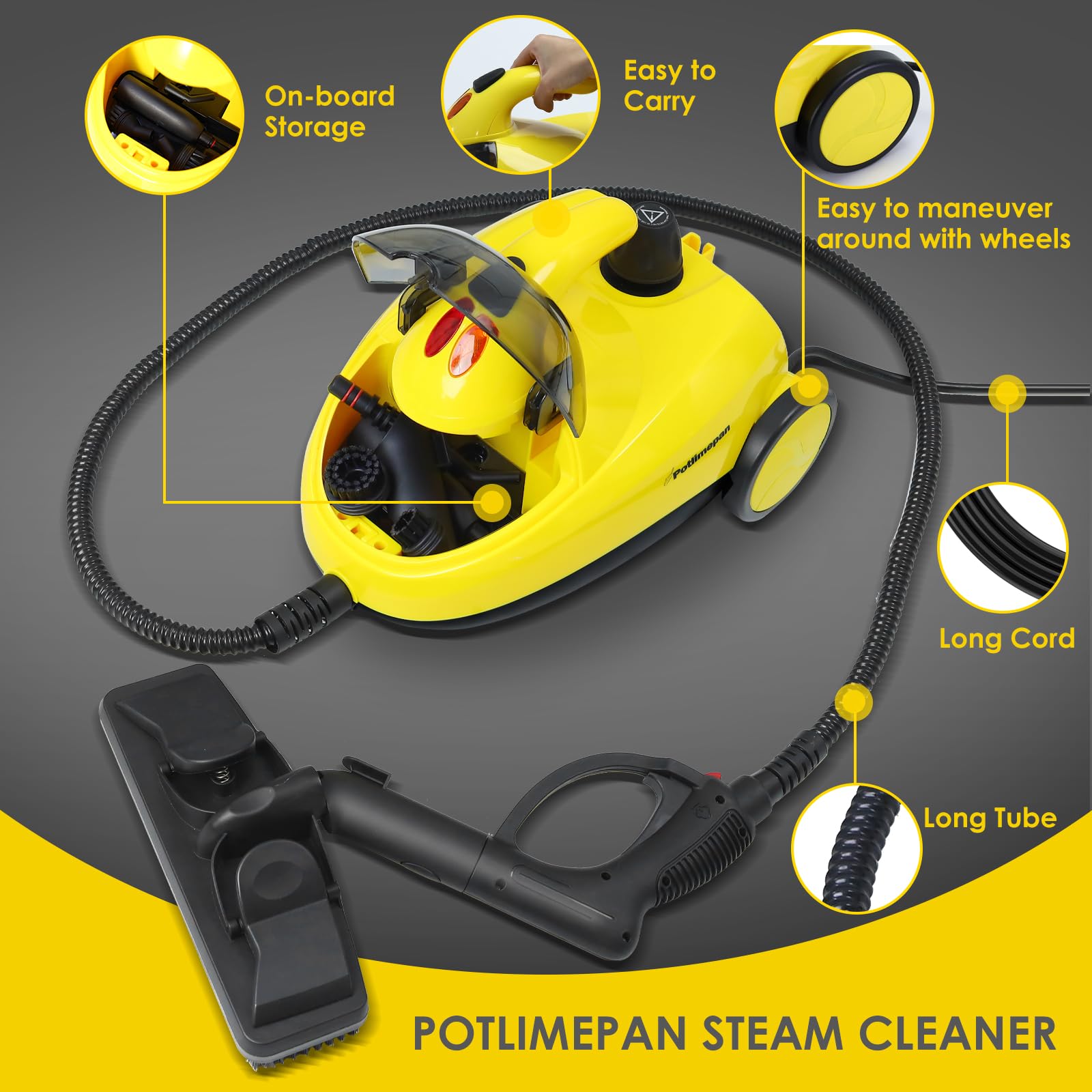 Potlimepan 1500 watt Deep Steam Cleaner with Attachments,Portable Upholstery Steam Cleaner for Home,Tile and Grout Steam Cleaner with on-board Storage (WJ528(NK-0697))