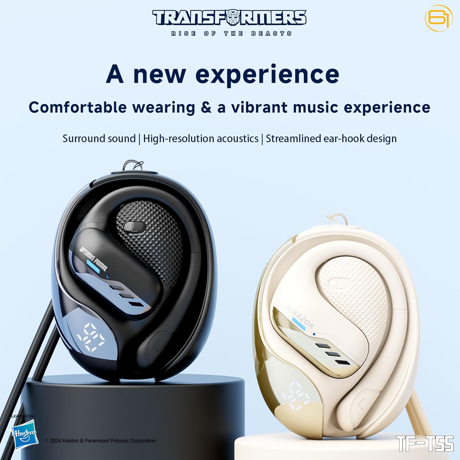 Transformers TF-T55 Open-Back Bluetooth Wireless Earbuds, Sleek Wing-Like Design Passive Noise Cancelling in-Ear Cool HiFi Calling Dual Modes Sports Earphones LED Display (Beige - Airazor)