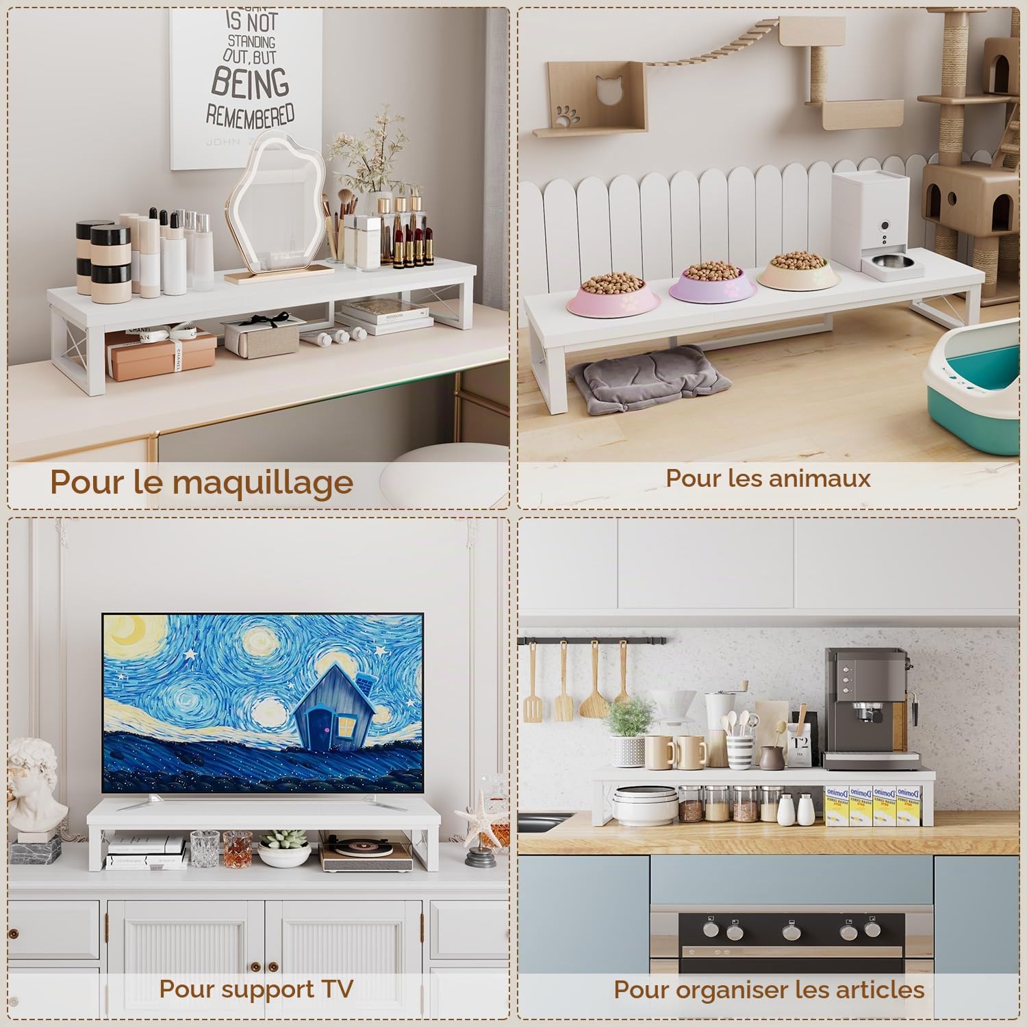 IBUYKE Support pour Double écran Moniteur, Support de Bureau en Bois de 97 cm, Bureau avec Double écran, Adapté aux PC, Imprimantes, Ordinateurs Portables, TV, Blanc TDJ002