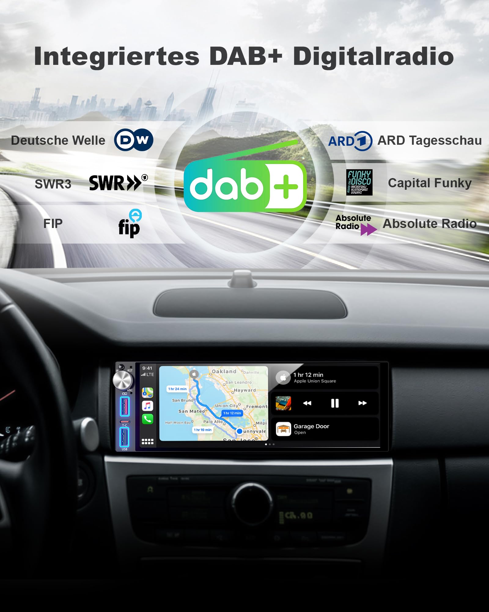 DAB/DAB+ 6,8 Zoll 1 DIN HD Autoradio mit Drahtlosem CarPlay & Android Auto, Type-C Schnellladung, DSP, Voice Control, AHD Rückfahrkamera &Mikrofonunterstützung, Bluetooth 5.2, AM/FM/RDS, AUX, SWC