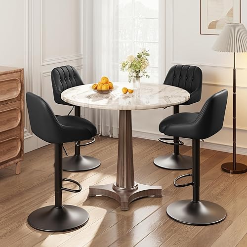Miniatura 8 de Juego de 4 taburetes de bar, sillas de bar giratorias, modernos taburetes tapizados de piel sintética ajustable, altura de mostrador con respaldo
