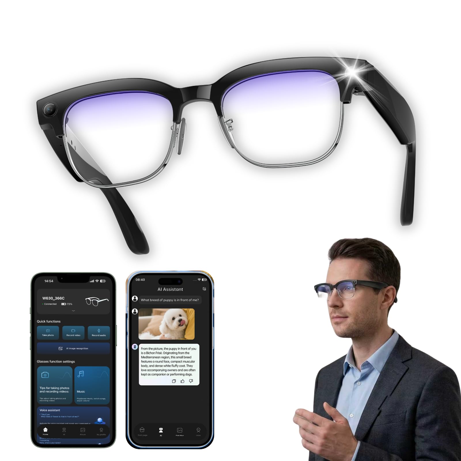 Smart Camera Glasses with Blue Light Lenses 8MP Hands-Free Photo Video AI Object Recognition with Voice Feedback Real-Time
