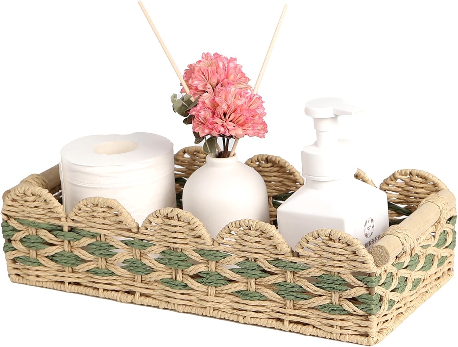 Scalloped Basket Set of 2，Resin Wicker Basket for Organizing and Decor Hand-Woven Wicker Storage Baskets with Built-In Handles for Gifts,Snack,Shelves，Tan