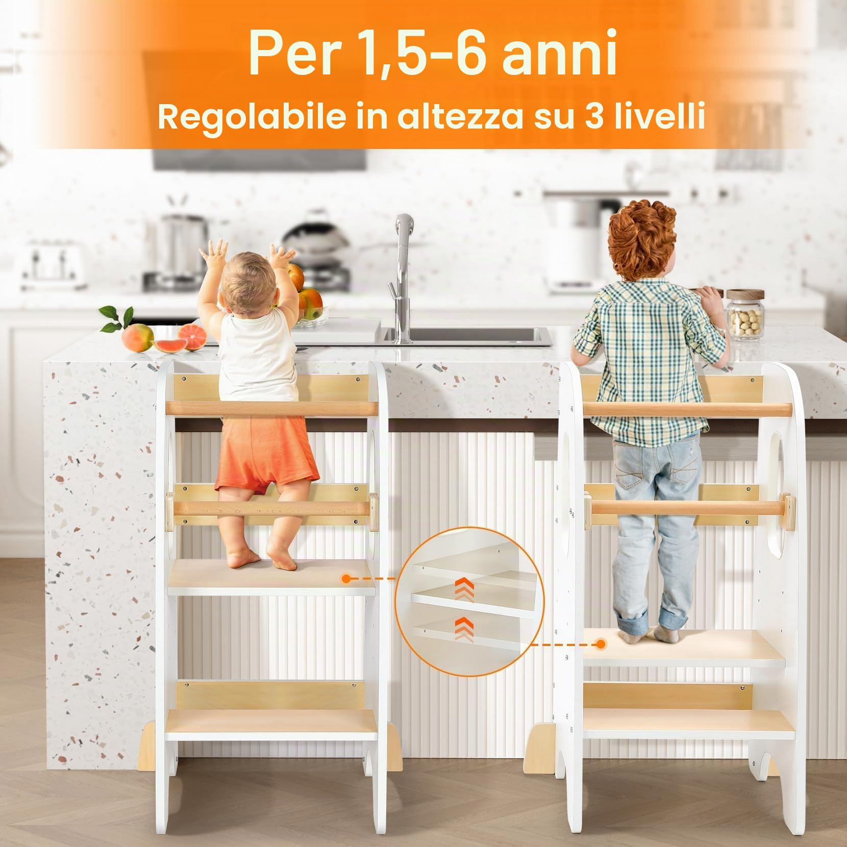 Torre Montessoriana Learning Tower Sicura Altezze Regolabili Doppia Barra Protezione Antiscivolo Anti-Ribaltamento Bianco