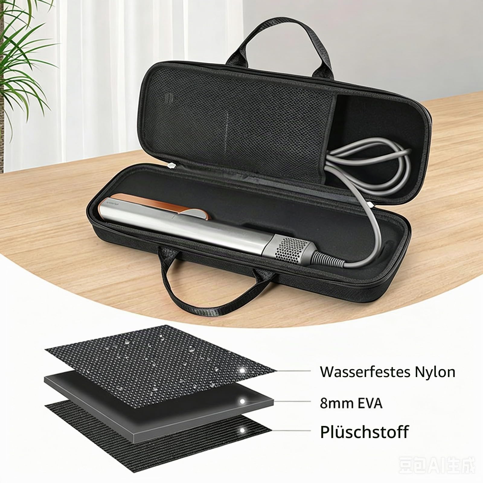 Hartschalen-Reiseetui Aufbewahrungstasche für Dyson Airstrait Haartrockner Glätteisen Tragbare Schutzhülle für Dyson Haarglätter (Schwarz)
