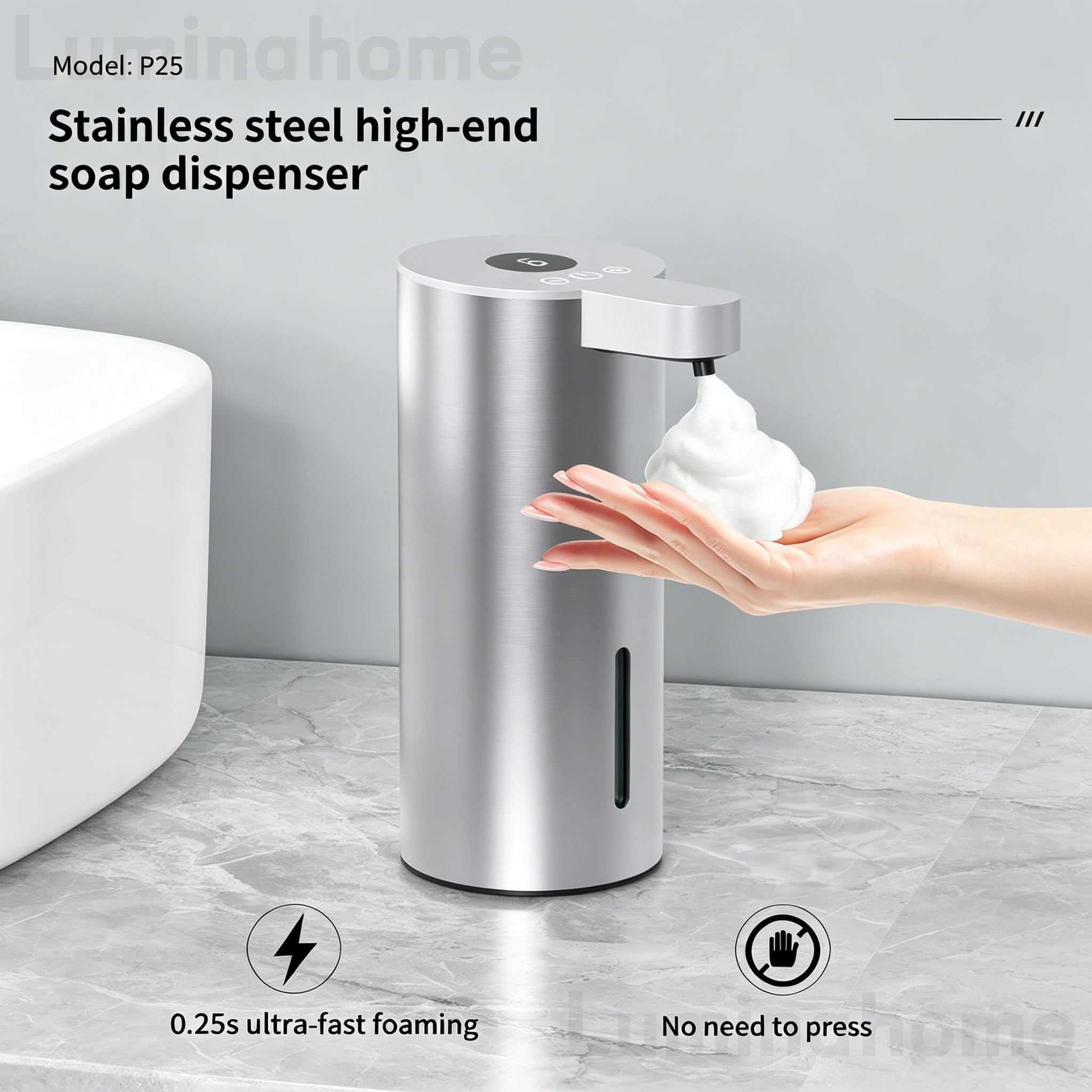Dispensador automático de jabón, dispensador de líquido manos libres de acero inoxidable para cocina y baño, diseño moderno, fácil de rellenar, funcionamiento sin contacto