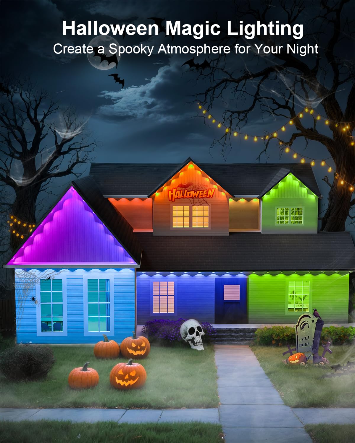 House decorated with Christmas-themed colorful eave lights and other festive decorations.
