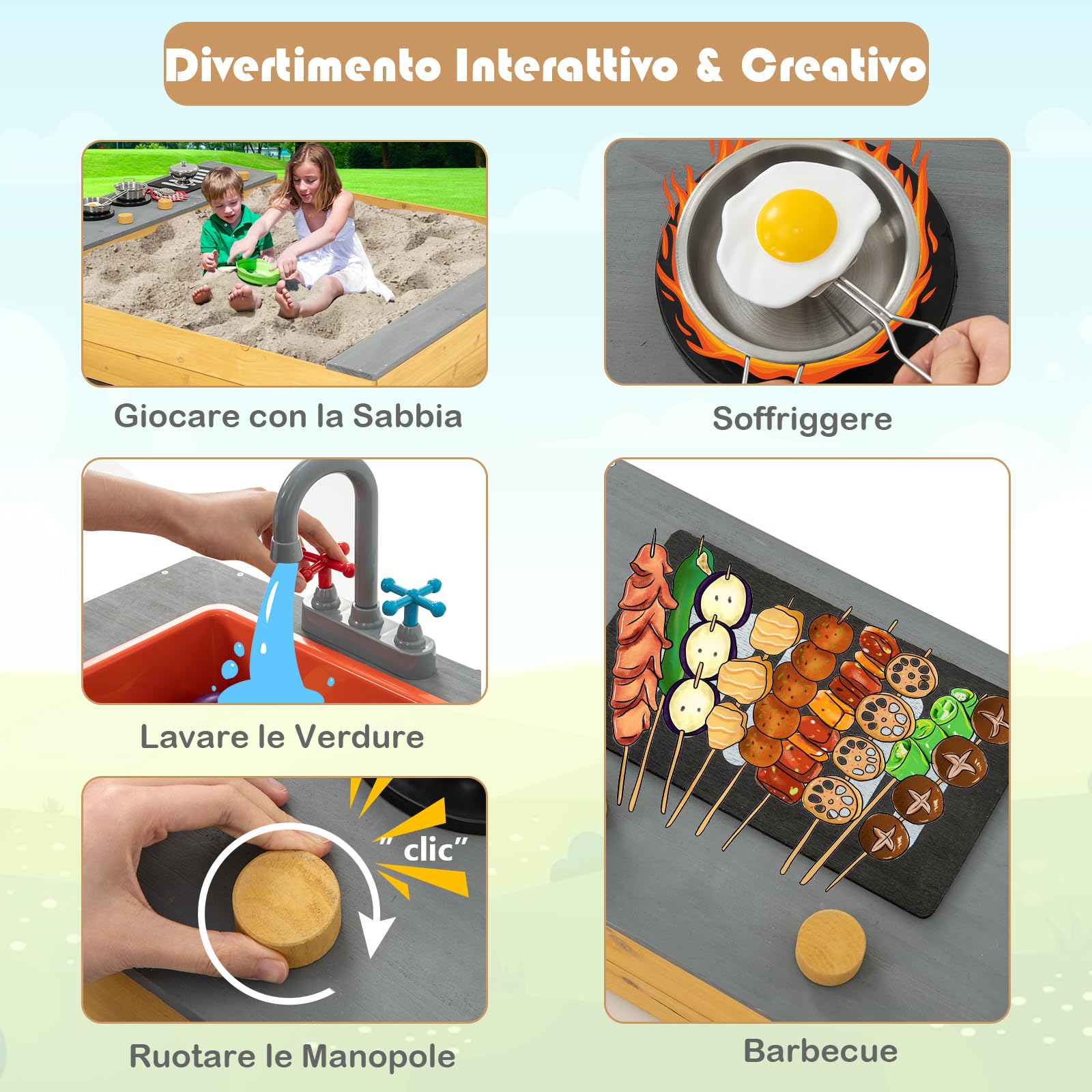 GYMAX Sabbiera in Legno per Bambini con Fodera Inferiore, Set Sabbiera da Gioco 3 in 1 per Bambini, Sedile a Panca, Sabbiera per Bambini da Esterno, per Bambini dai 3 ai 8 Anni, 135x125x20 cm