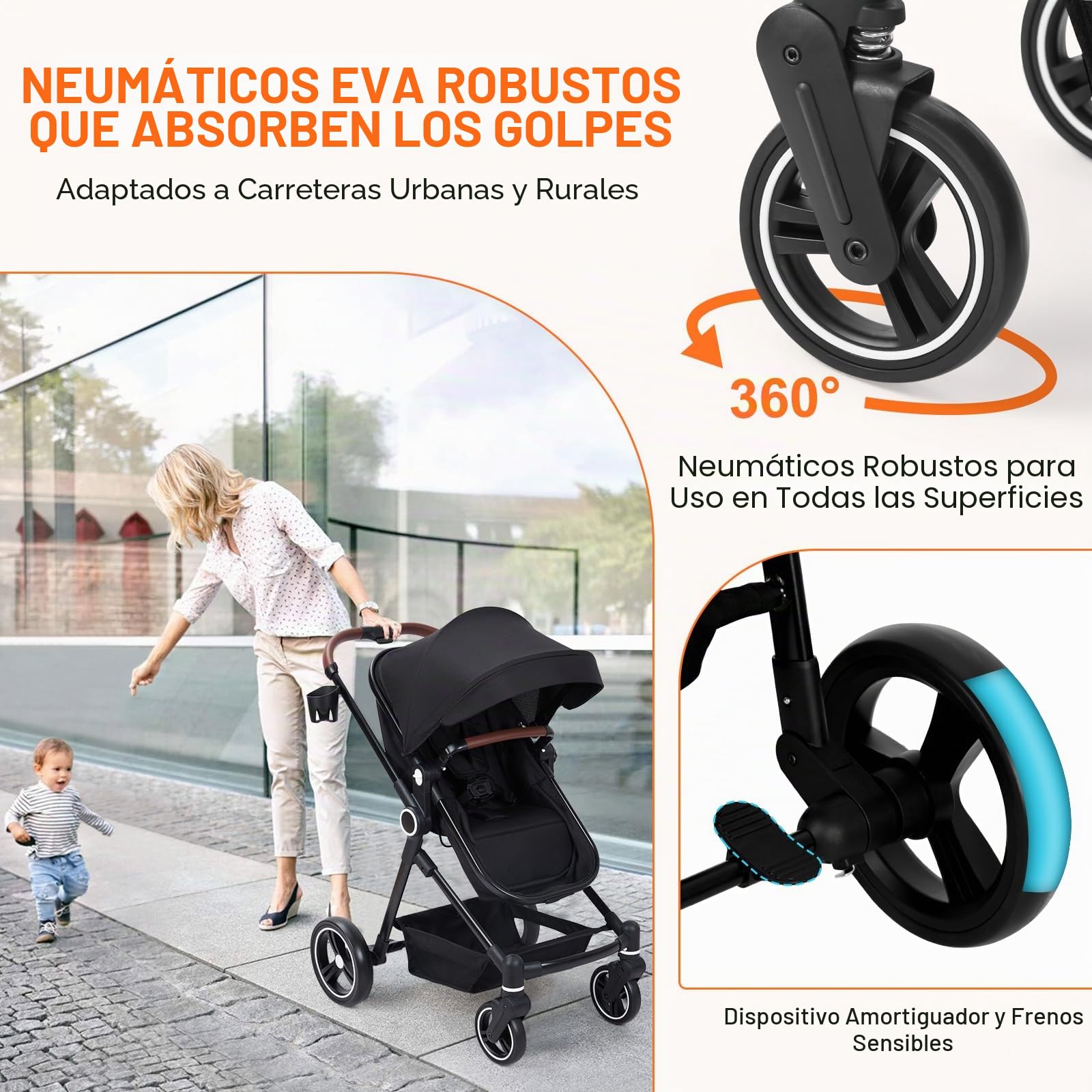 GarveeHome Cochecito De Bebé 2 En 1 Plegable Ligero Con Capazo Reversible y Ruedas Todo Terreno 0-36 Meses Aluminio