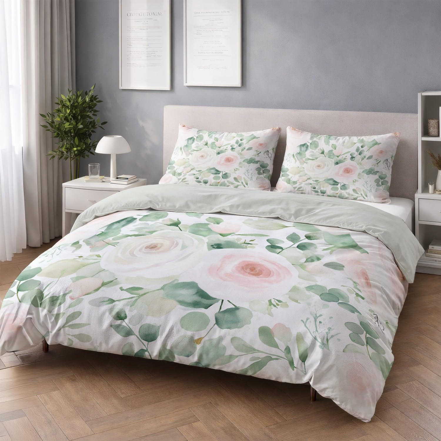 Pościel 200 x 200 cm – komplet pościeli ze świeżymi roślinami, róża, dla dzieci i chłopców, 3-częściowy, poszwa na kołdrę 200 x 200 cm, z zamkiem błyskawicznym, przyjemnie miękka i łatwa w pielęgnacji