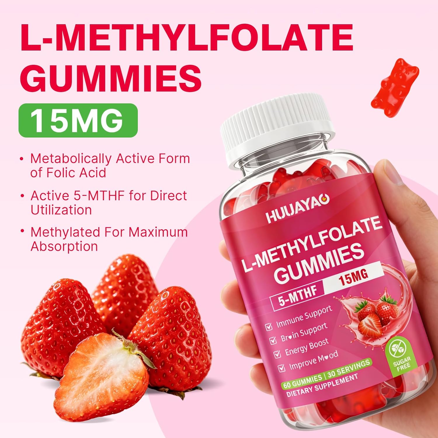 L-Methylfolate 15 mg Gummies, Methylfolate Supplement, Folate 5-MTHF Supplement for Support Mood, Brain Health, Immune System, Sugar Free, Strawberry Flavor, 60 Count - Image 3