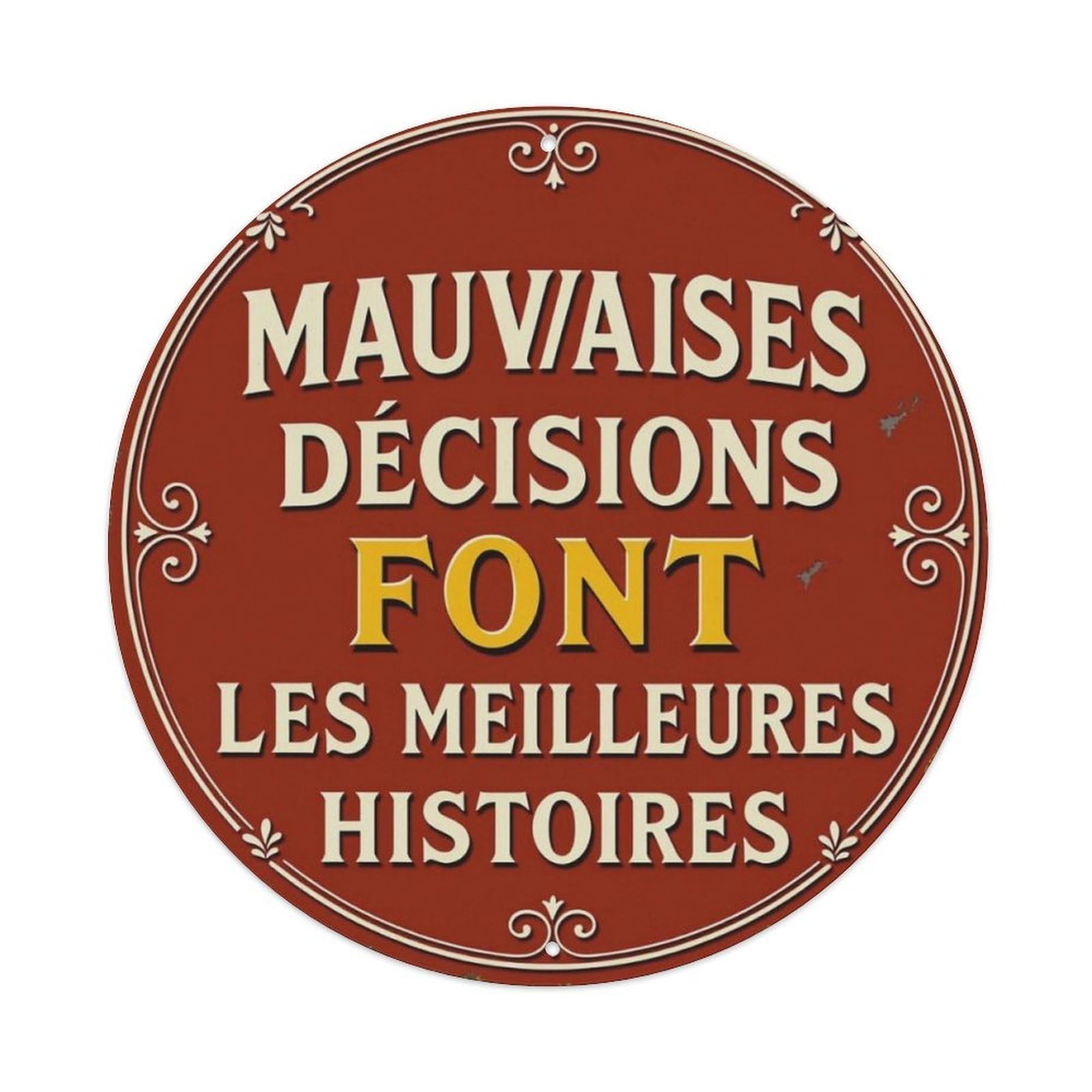 Red Vintage Ornate French Life Quote Round Tin Sign Vintage Aluminium Metal Sign, Retro Wall Decor for Home, Bar, Garage & Farmhouse 20x20cm