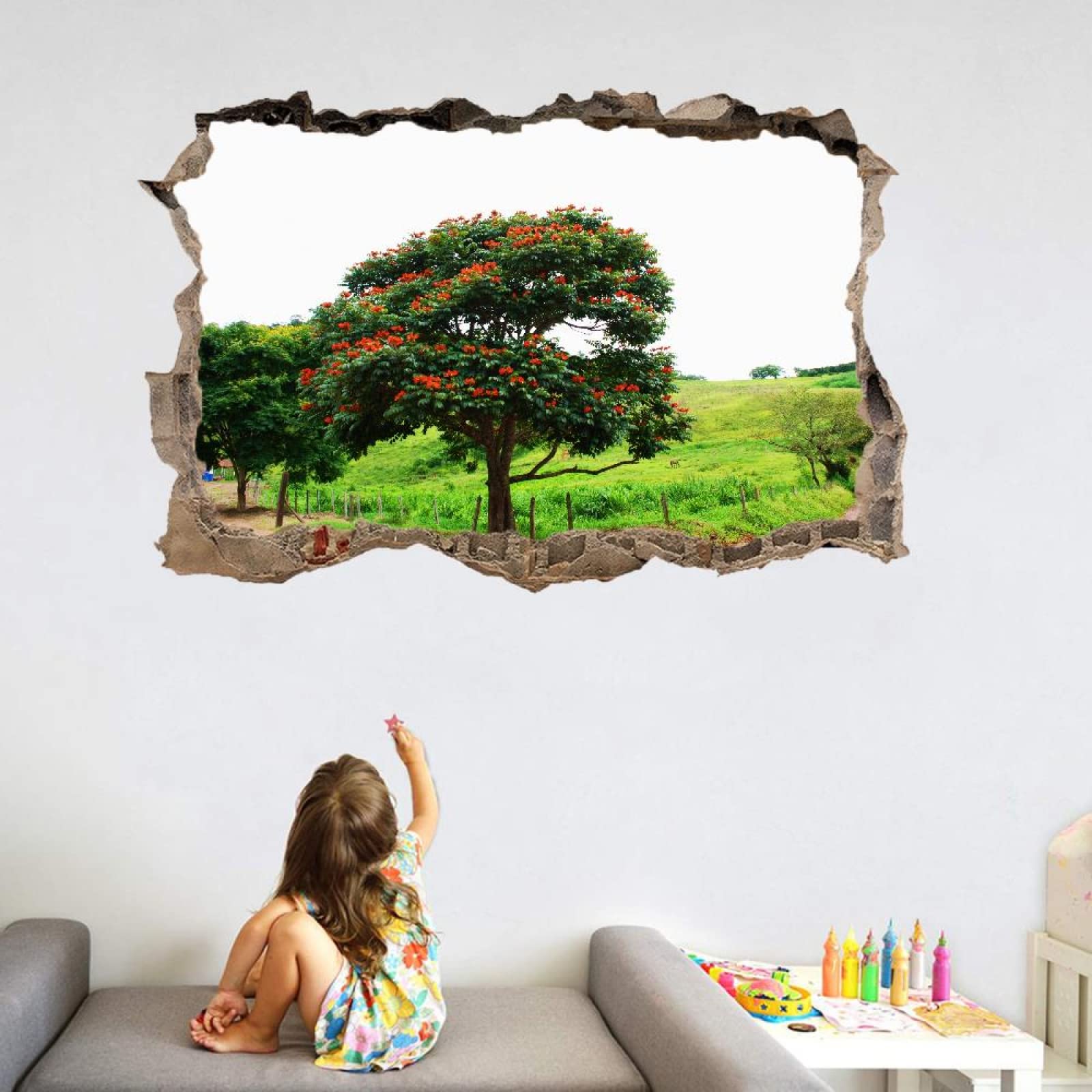 3D Wandtattoo Wanddurchbruch Wandaufkleber, Baum Wandsticker Wanddeko Wandbilder, Landschaft Selbstklebend Vinyl Wand Aufkleberfür Wohnzimmer Schlafzimmer Badezimmer Flur Küche Möbel Aufkleber