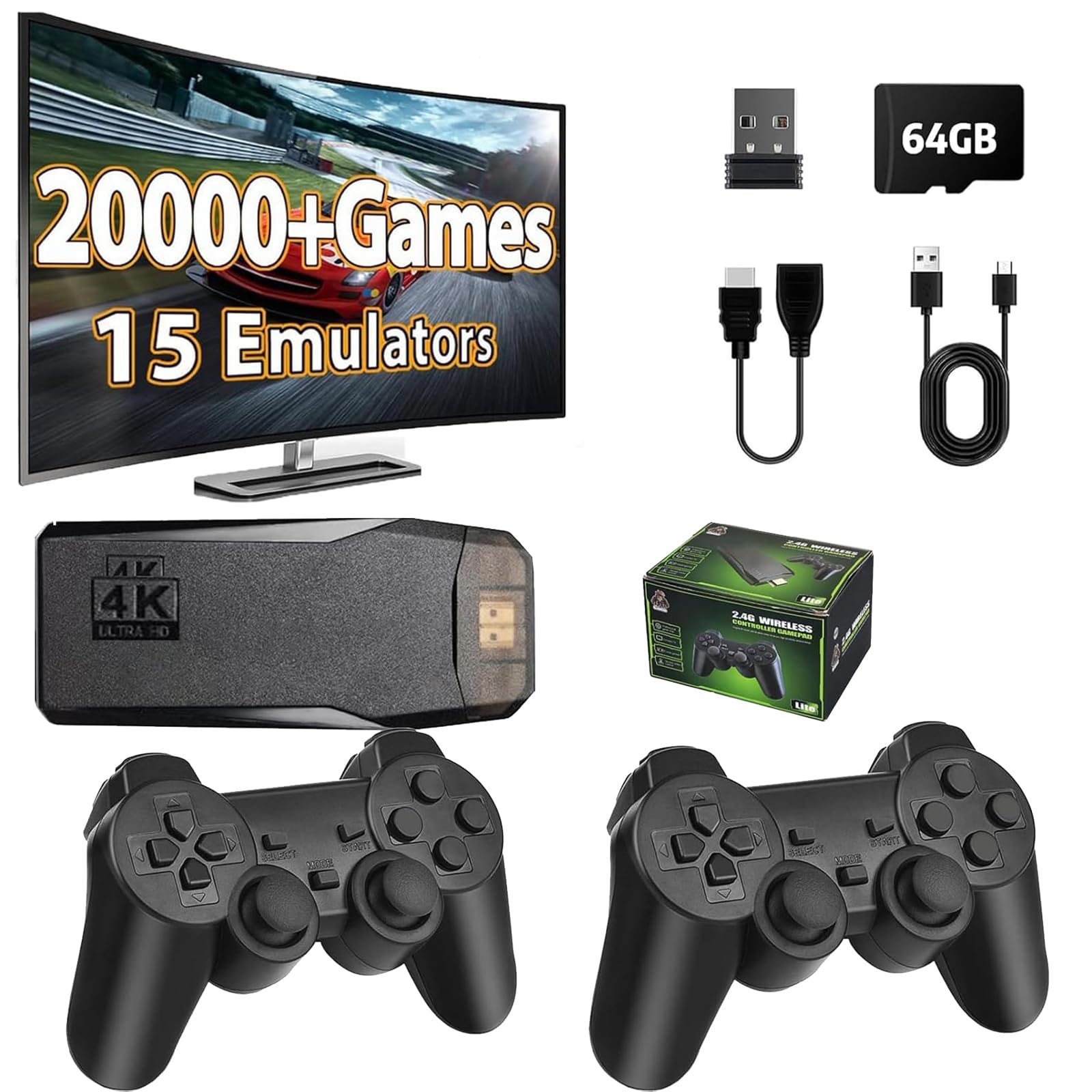 Retro Gaming Console Classic M8 64G Wireless Game Stick, 20000+ Games, 4K HDMI Output Plug & Play Handheld Game Console with 2.4G Wireless Controller Gamepad, Gifts for Kids Adult