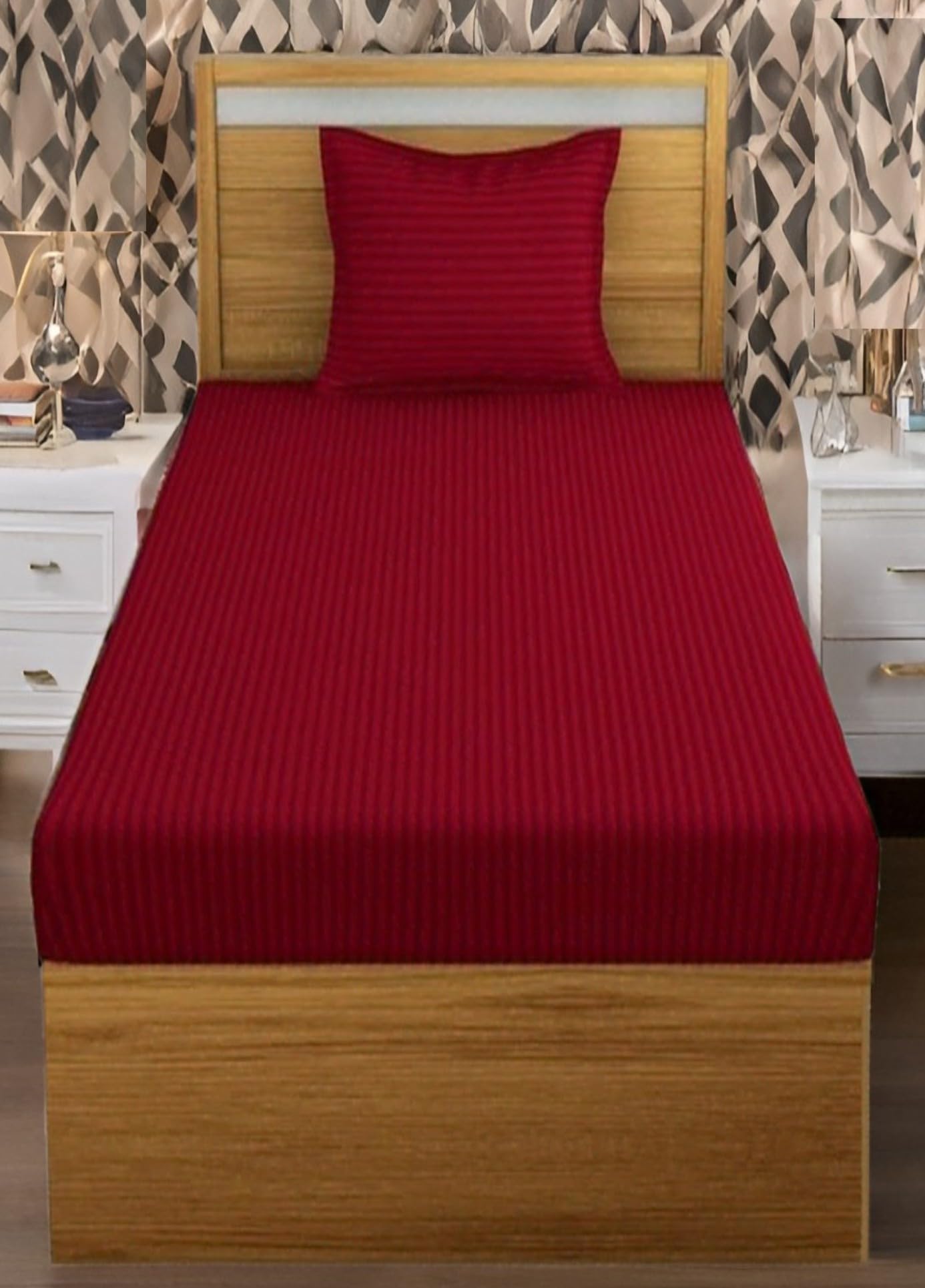 KISHORI FABS 144 tc Maroon Satin Striped Bedsheet Single Bed (60x90) with Pilllow Cover (17x27)-image-20