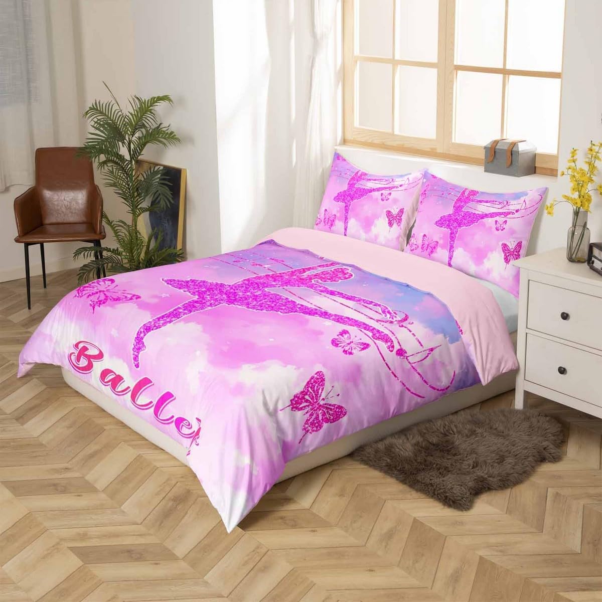 Ballet Princess Duvet Cover Toddler Size Butterfly Pink Glitter Print Bedding Set 2pcs Artistic Musical Notes Comforter Cover for Kids Room Decor Ombre Clouds Quilt Cover,1 Pillowcase(Not Comforter)