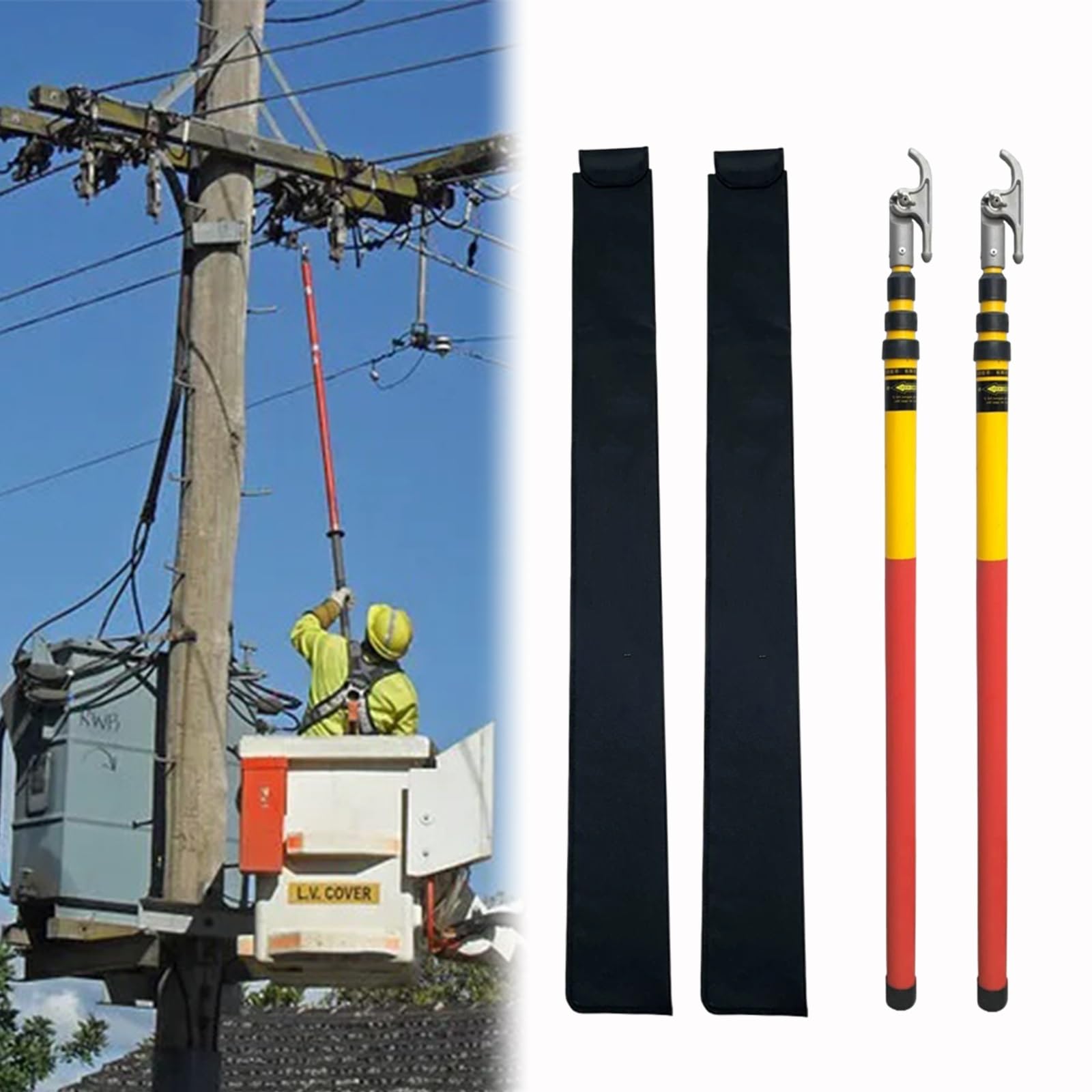 Lot de Deux perches télescopiques isolées Haute Tension avec Crochets réglables et Sacs de Rangement ; perches télescopiques isolées Portables ; Outils de sécurité pour l'entretien des Ligne