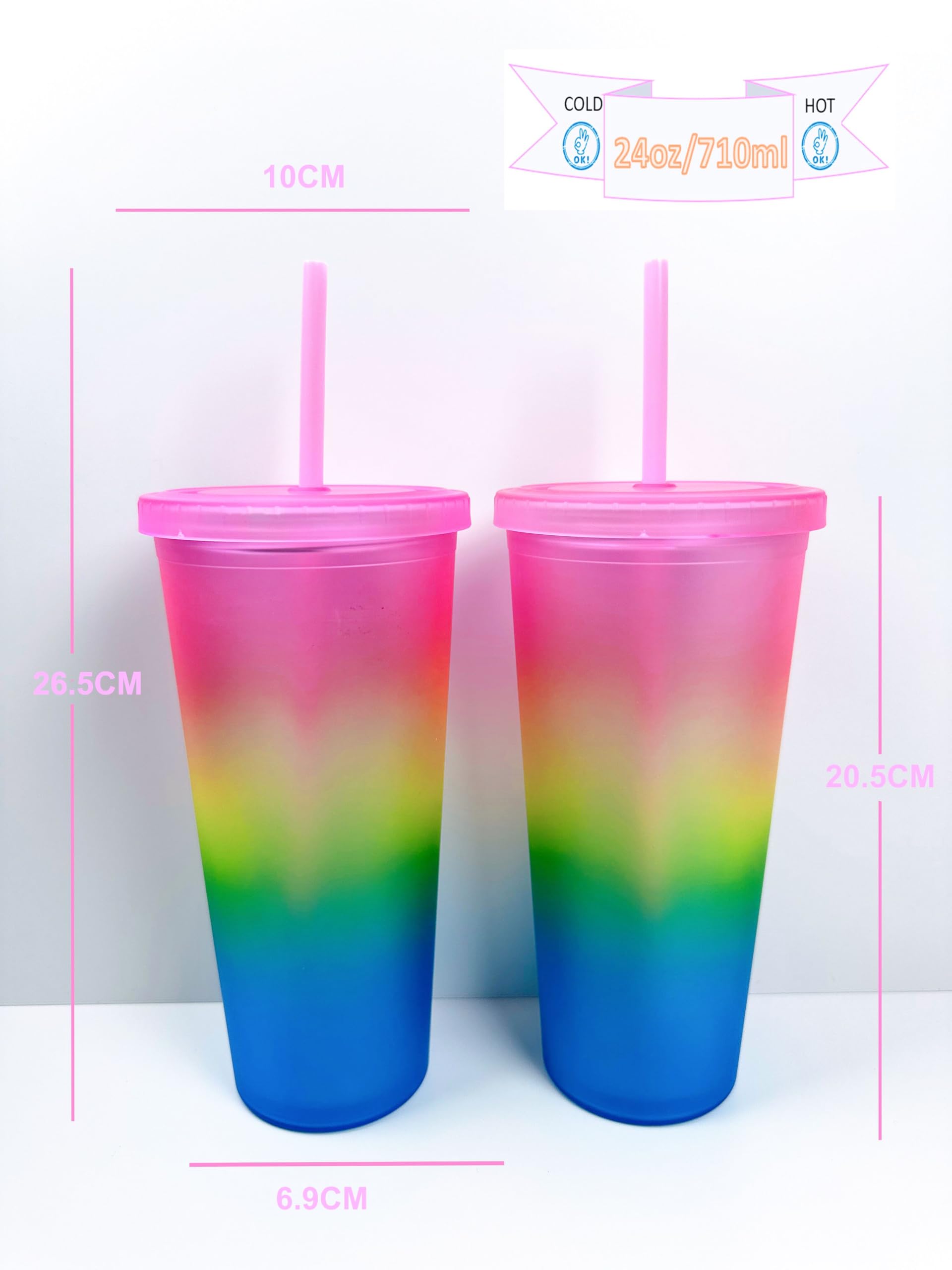 LINDACA 24oz/710ml Double Wall Gradient Colour Reusable Plastic Cup with Lid and Straw (Pink), Large - Image 3