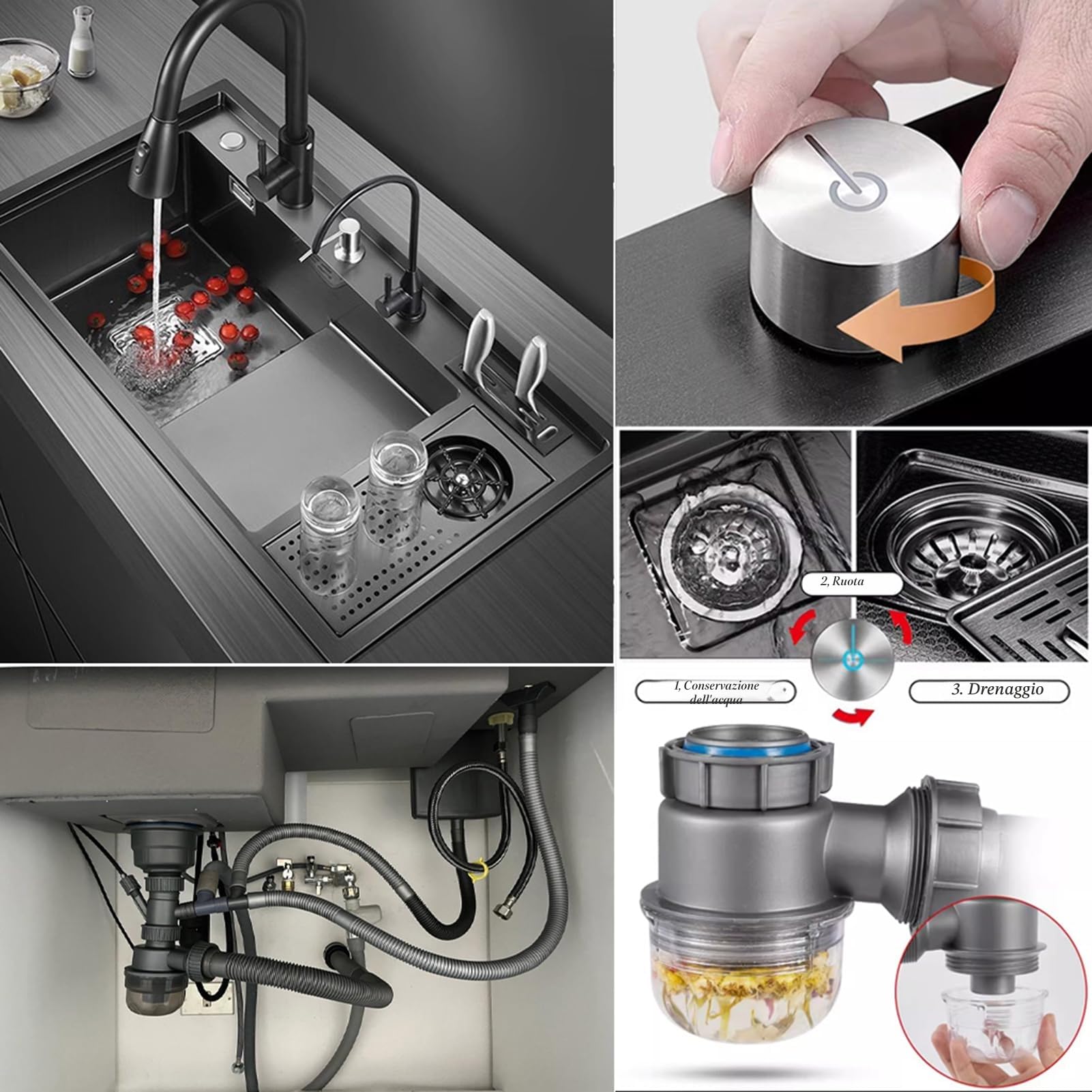 Lavello da cucina, 86 x 50 cm, 1 vasca, con gradino, lavello nano nero, in acciaio inox, multifunzione, con rubinetto da cucina estensibile 3 in 1, dispenser di sapone, sifone, pulsante di controllo