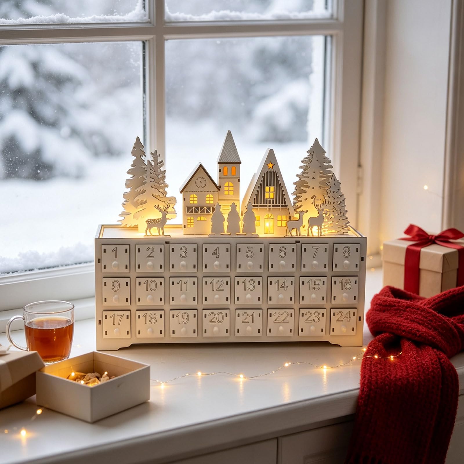 Eingangstisch, Weihnachtsdekoration, Weihnachts Adventskalender aus Holz mit 24 Schubladen, freistehendes Dorf Countdown Aufbewahrungsstück für kleine Überraschungen, Adventsschubladen Dekoration,