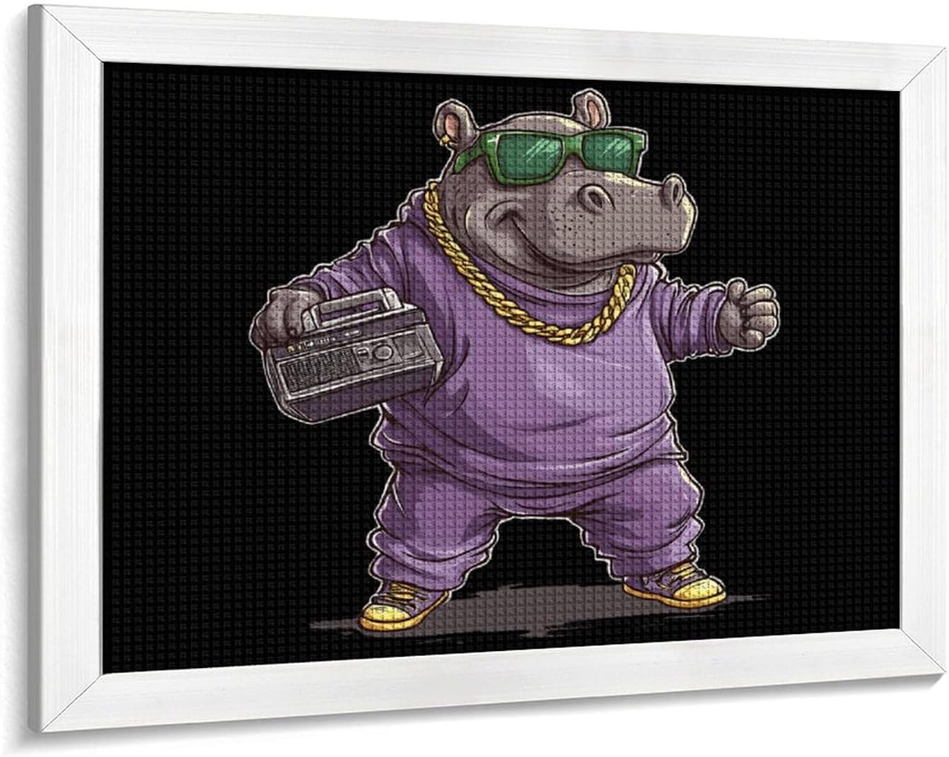 Hip Hop Hippo Printed Diamond 5D Painting Kits DIY Full Drill Crafts for Home Wall Decor 16x20 Inch White Wood 50 * 40cm