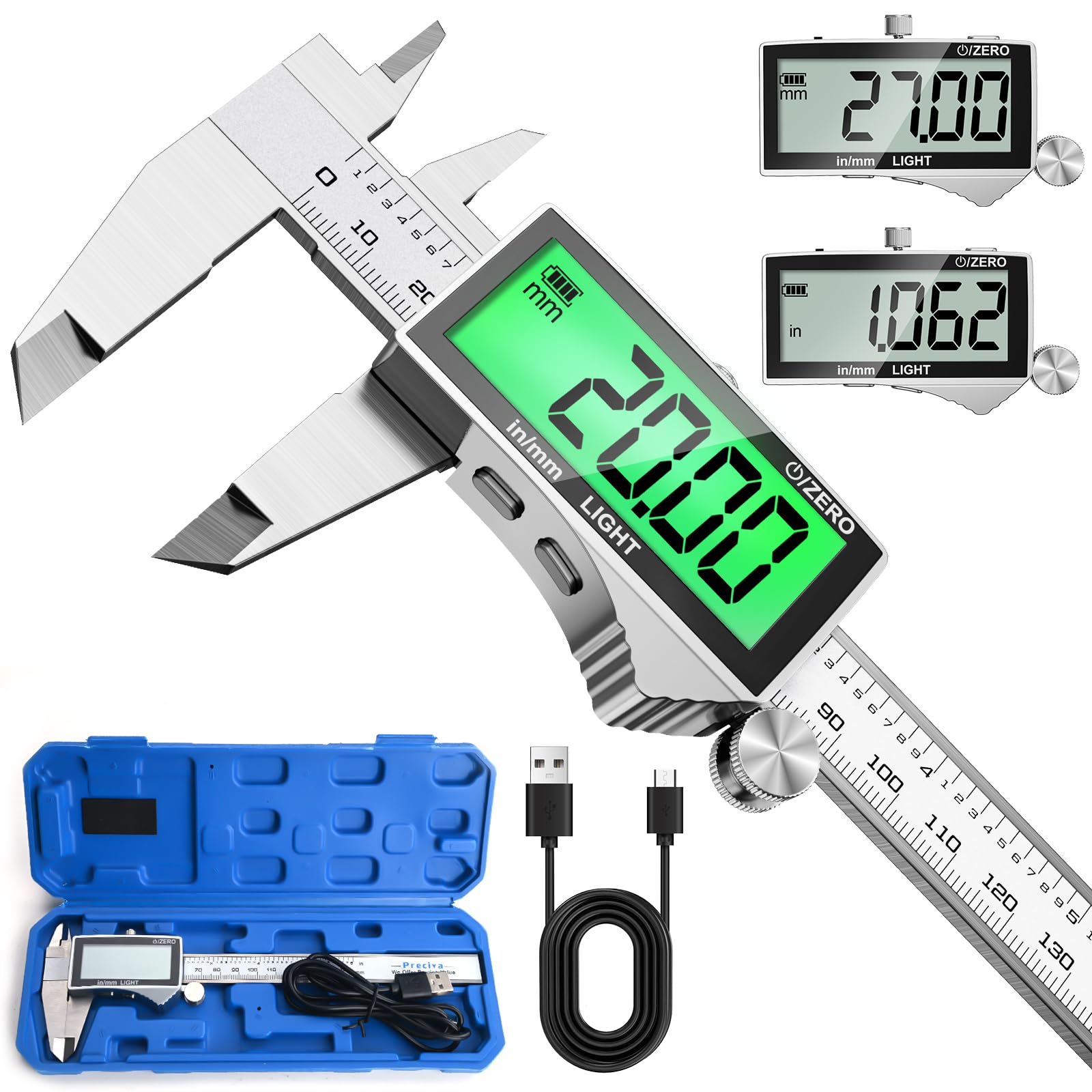 Preciva Calibro Digitale, Calibri Ricaricabile, Calibro Elettronico in Acciaio Inox con Ampio Schermo LCD Retroilluminato, Plicometro Professionale per Officina, Meccanica, Fai da Te