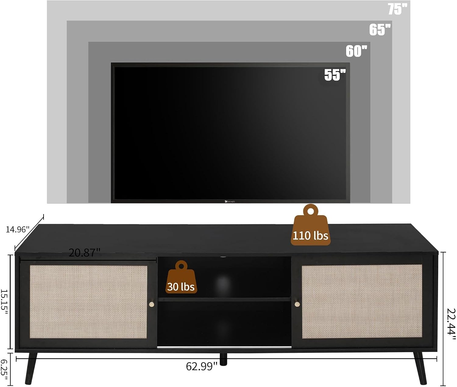 Rattan Modern TV Stand for Televisions up to 75 Inches, Mid Century Entertainment Center with Sliding Doors and Storage, Television Stands, TV Consoles, Media Consoles for Living Room