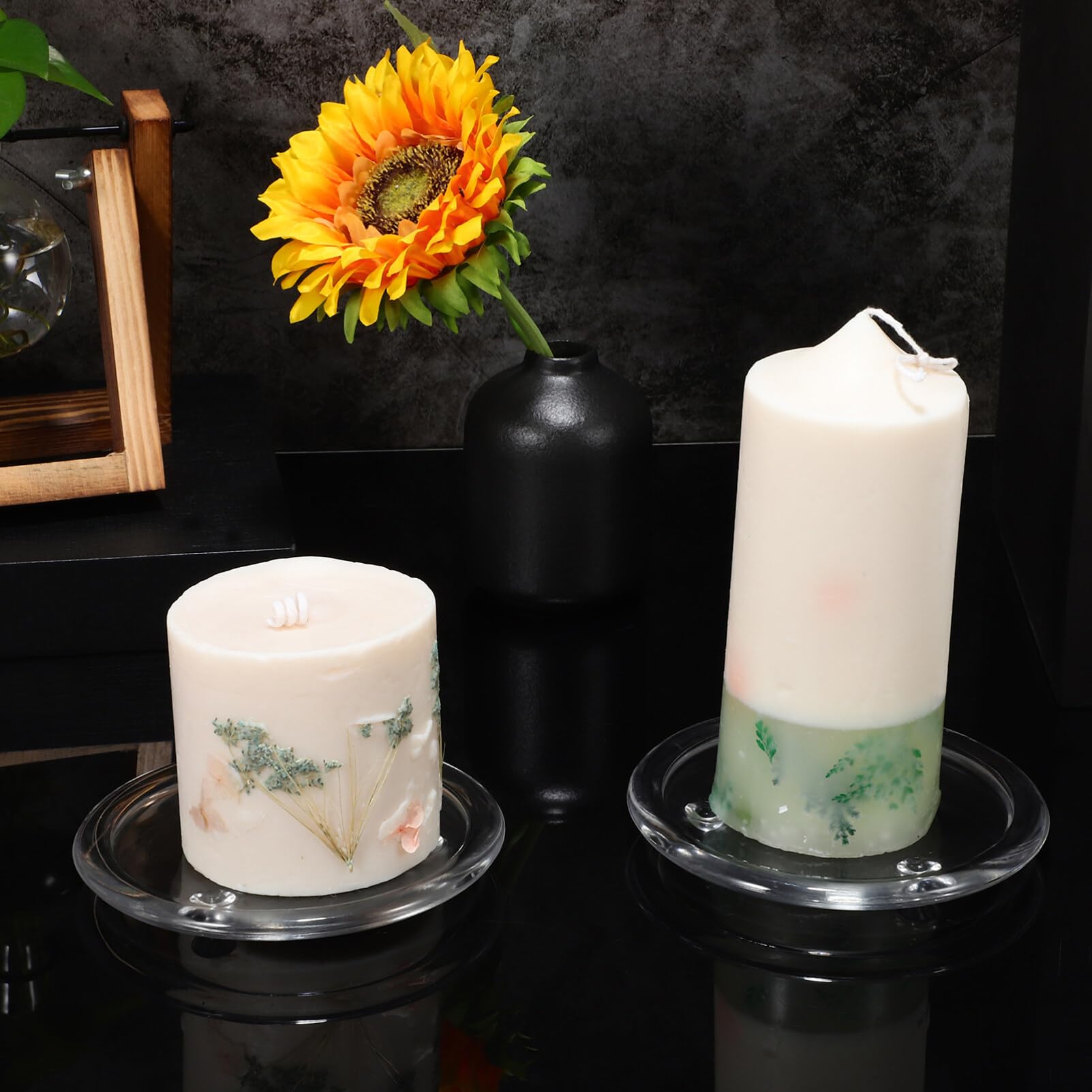 HOMSFOU 2pcs Glass Candle Holder Glass Pillar Candle Holder Plates Transparent Candle Coaster Holder Round Candle Trays for Christmas Wedding Banquet - Image 4