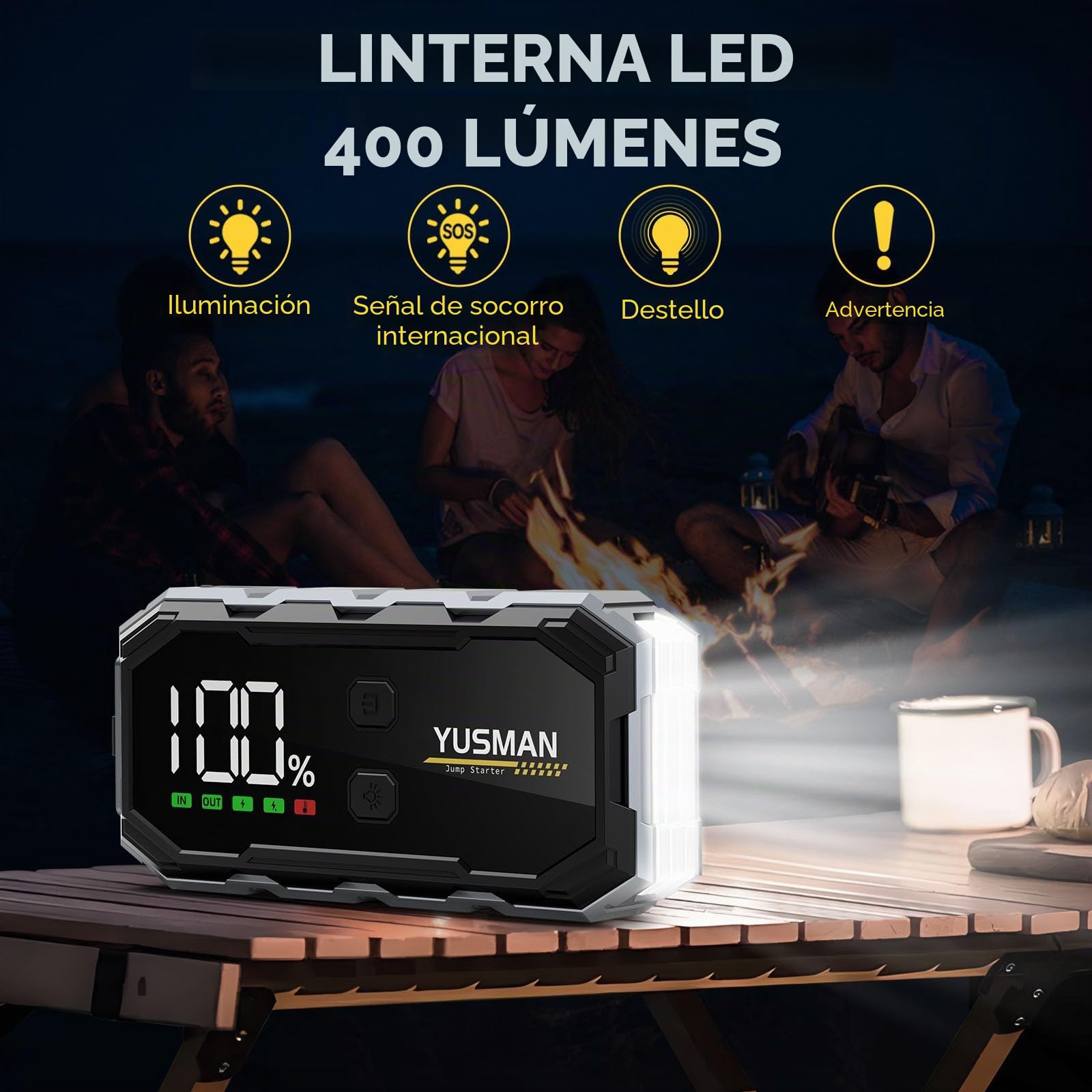 YUSMAN Arrancador de Coches,5000A Arrancador de Baterias de Coche,12V Portátil Coche con para 8L Gasolina o 6L Diesel, Linterna LED de Emergencia,Carga Rápida,Pantalla LCD Extragrande