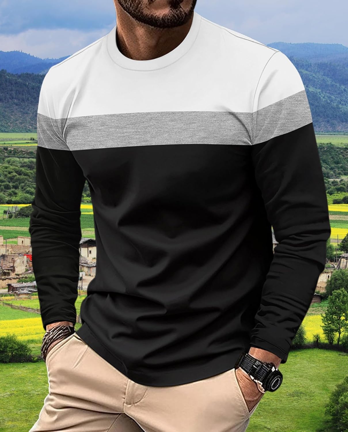 Stylish Mens Long Sleeve Shirt Colorblocked T Shirt and Casual Fall and Winter Fash... - Image 6