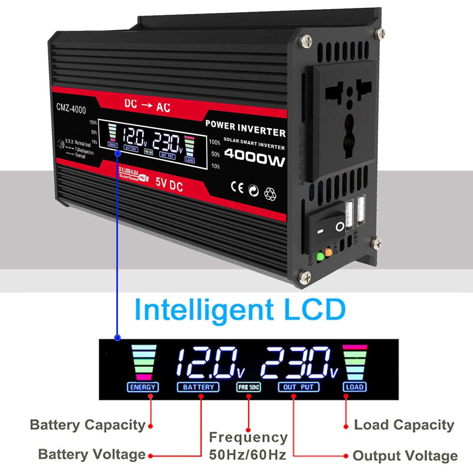 Zestaw wodoodpornych paneli słonecznych 50 W z falownikiem 4000 W – kompletne zasilanie poza siecią dla kamperów i kempingów z inteligentnym wyświetlaczem LCD(Black)