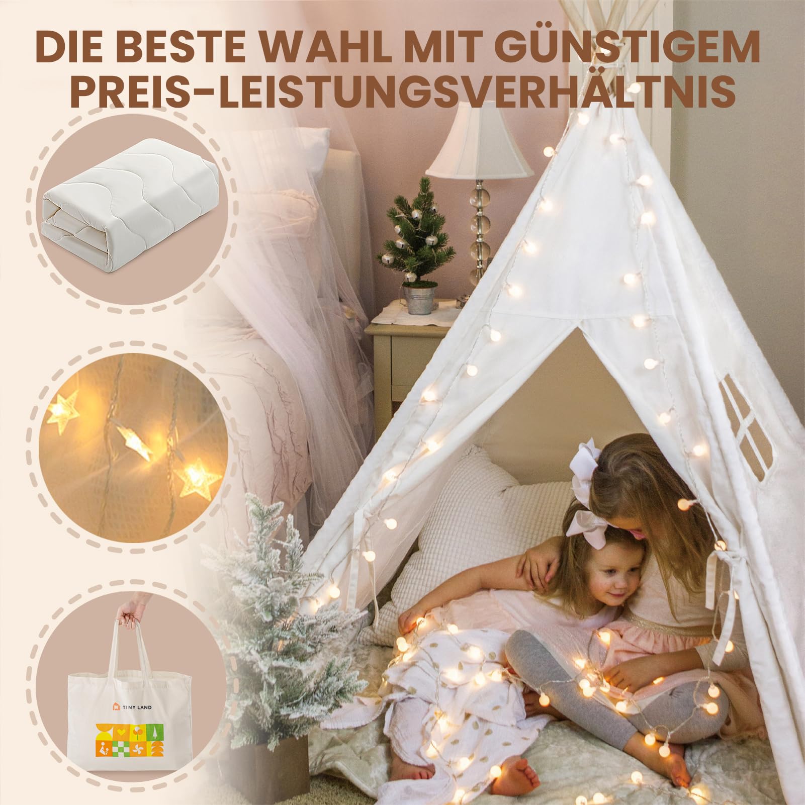 Tiny Land Tipi Zelt für Kinder Mit Gepolsterter Decke, Lichterkette, Tasche | Tippi Kinderzelt, Spielzelt Kinder Indoor Outdoor, Spielhaus Garten, Waschbar Faltbar Segeltuch Zelt Kinderzimmer Leseecke