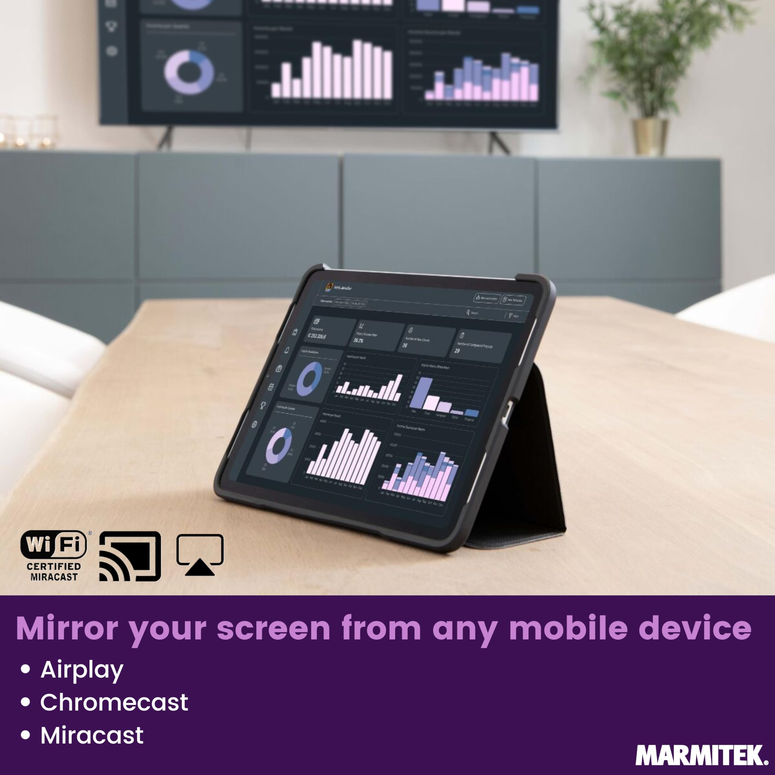 Sistema di presentazione HDMI 4K wireless Marmitek Stream 4K Pro KIT 1TX/1RX - Senza software né Wi-Fi - Dongle USB-C & ricevitore, split screen, touchback, PoE - Doppia HDMI - BYOD mirroring