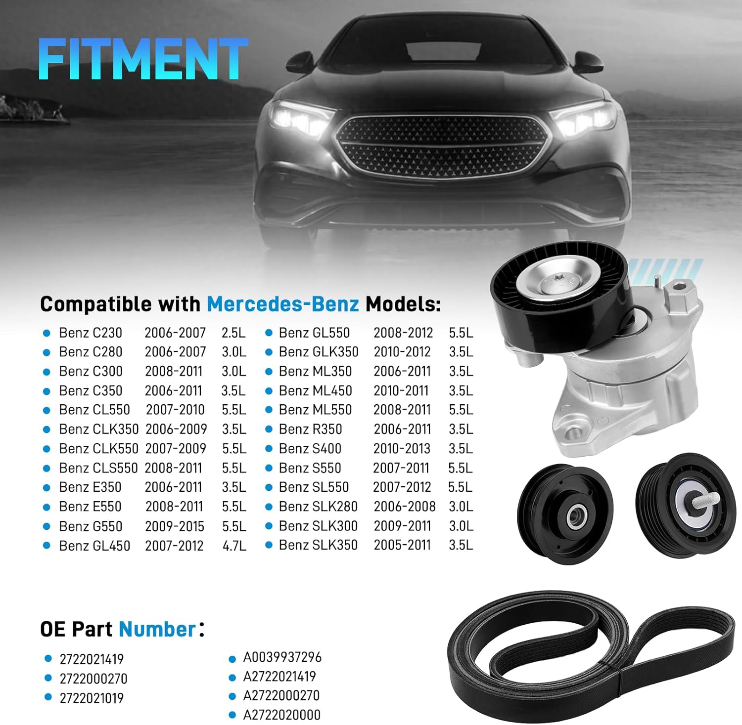 Serpentine/Engine Drive Belt Tensioner and Idler Pulley Kit Compatible with 2006-2011 Mercedes-Benz ML350 GL450 E350 C300 S550 CLK350, Replaces# 2722021419 2722000270 2722021019 6PK2404