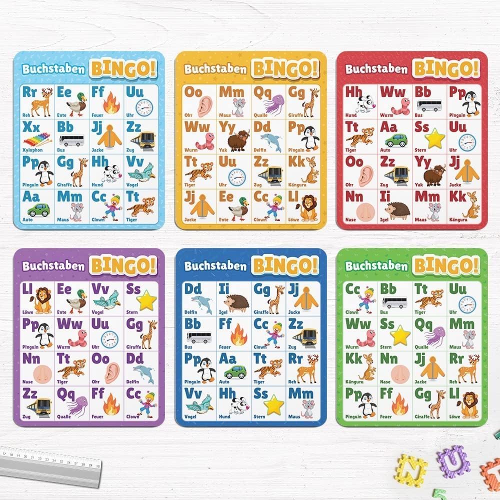 NIYYAH Nauka liter ABC Bingo gra edukacyjna dla dzieci od 4, 5, 6 lat, dla początkujących w szkole, do szkoły podstawowej, przedszkola, 1 klasa, prezent na rozpoczęcie szkoły, dla dziewczynek i