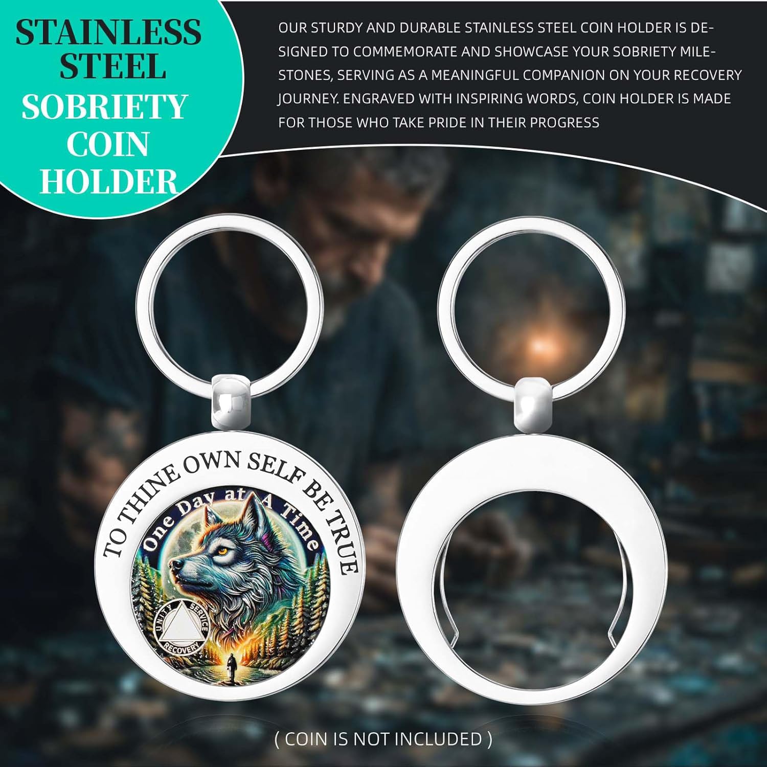 Sturdy Stainless Steel Sobriety Coin Holder - TO THINE OWN SELF BE TRUE AA Coin Keychain - Displays Two Side of Sober Token Medallion Pendant Jewelry - Silver Insert Sobriety Chip Key Ring Gifts - Image 2