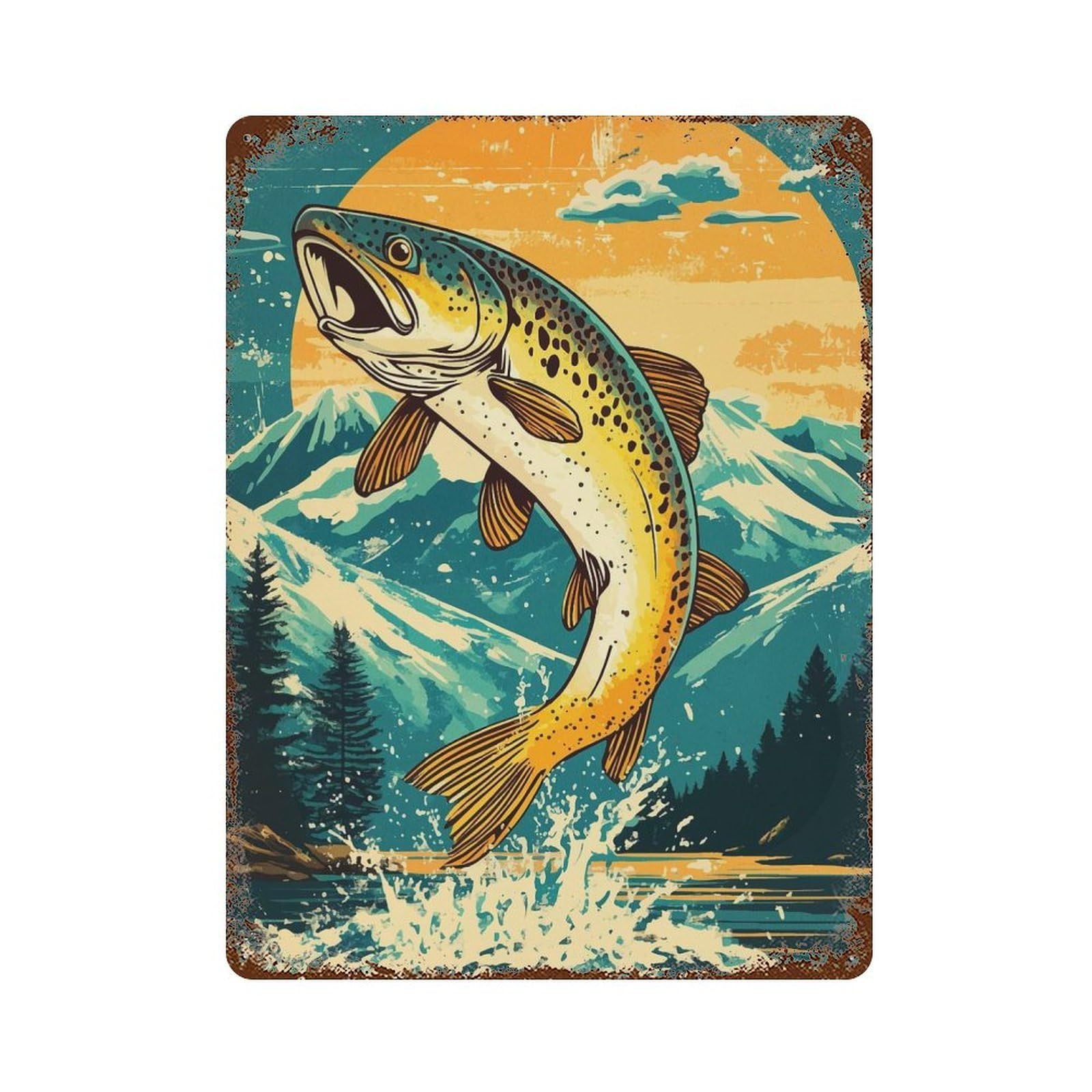 Jumping Trout Mountain Sunset Aged Metal Wall Plaque 15.7"x11.8", Old School Wall Decor for Garage, Pub Or Kitchen