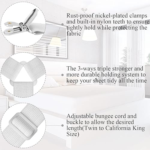 Miniatura 5 de ZHOUBIN Correas de sábanas con clips para debajo del colchón para mantener las sábanas en su lugar, color blanco, juego de 2