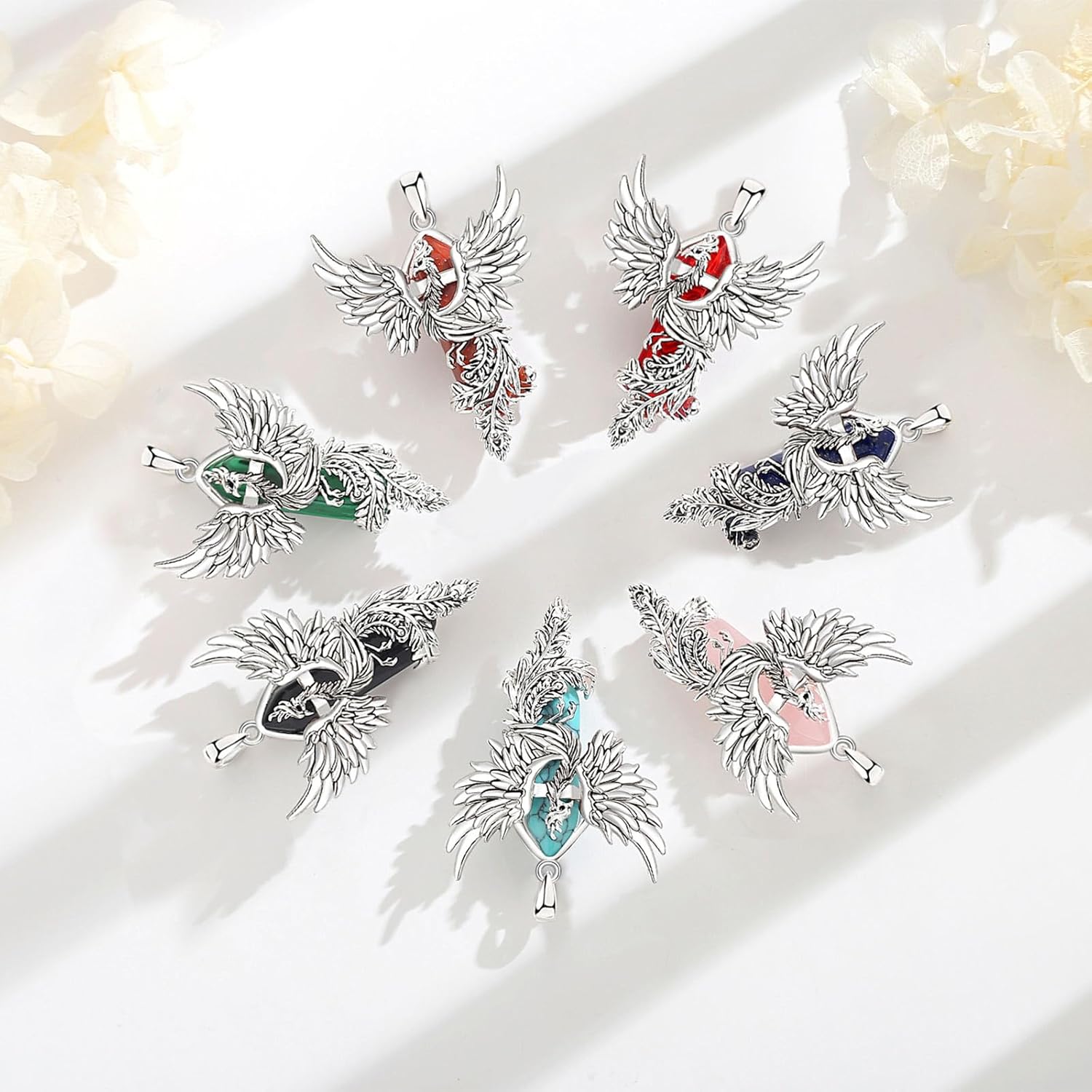 Vito Silver Plated Copper Phoenix Necklace for Women Men, Obsidian Turquoise Amethyst Phoenix Pendant Hexagonal Prism Crystal Protection Energy Amulet Jewelry Gift for Mom Wife, 22“/24” - Image 3