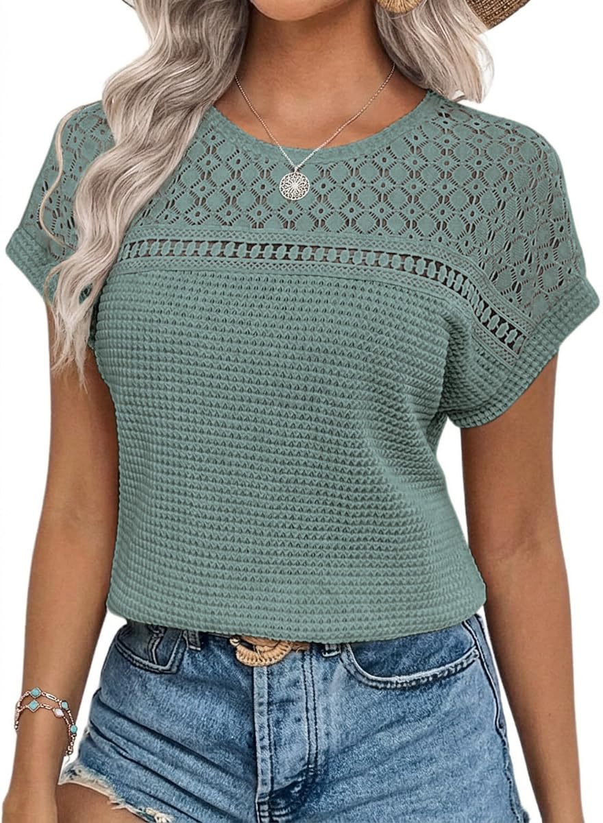 Chicrise Blouse Women's Elegant Short Sleeve Lace Tops Crochet Crew Neck T-Shirt Summer, Bean Green, XL