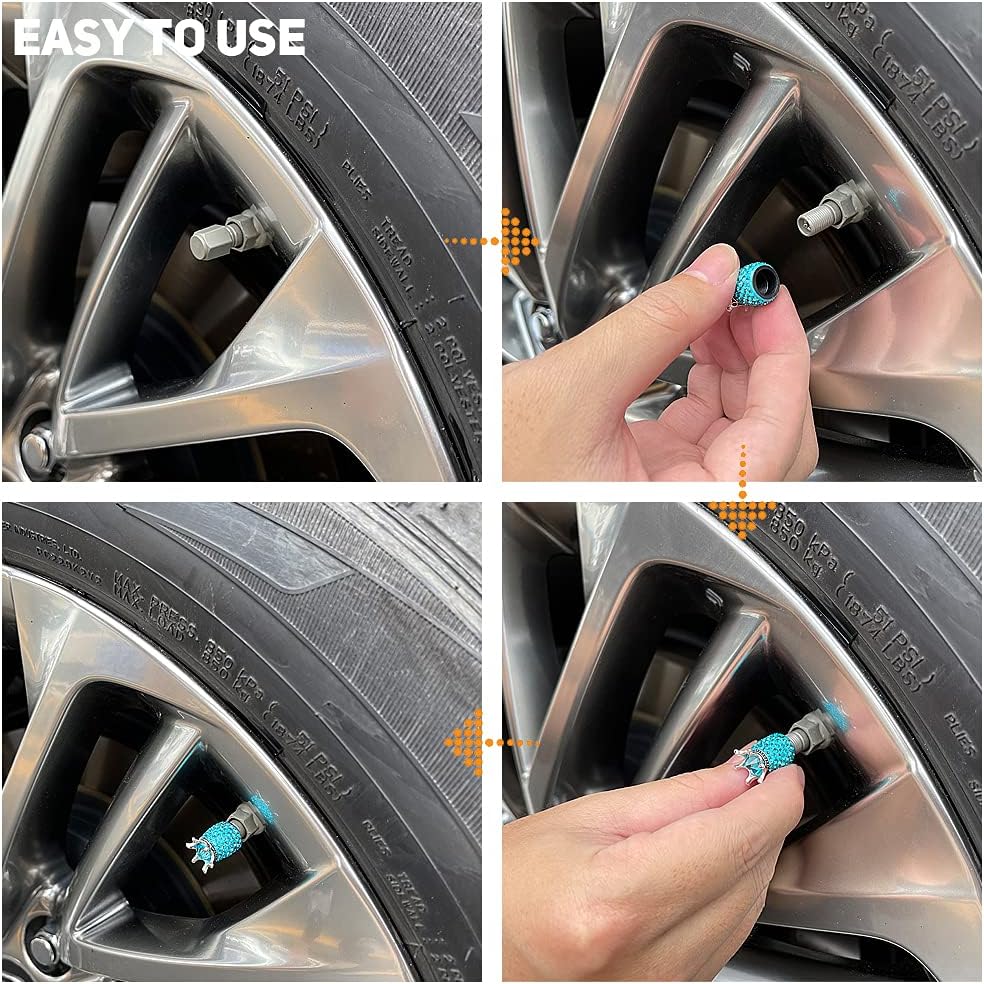 ROSON Valve Stem Caps, 4 Pack Handmade Crown Bling Crystal Rhinestone Car Wheel Tire Valve, Attractive Dustproof Car Accessories, Universal Stem Air Caps Covers for Most Vehicles (Azure)