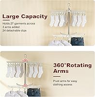 Vista 3 de Estante de secado de ropa, 68.9 pulgadas, 2 niveles, plegable, con 3 brazos giratorios para perchas y clips, de acero inoxidable, para ahorro